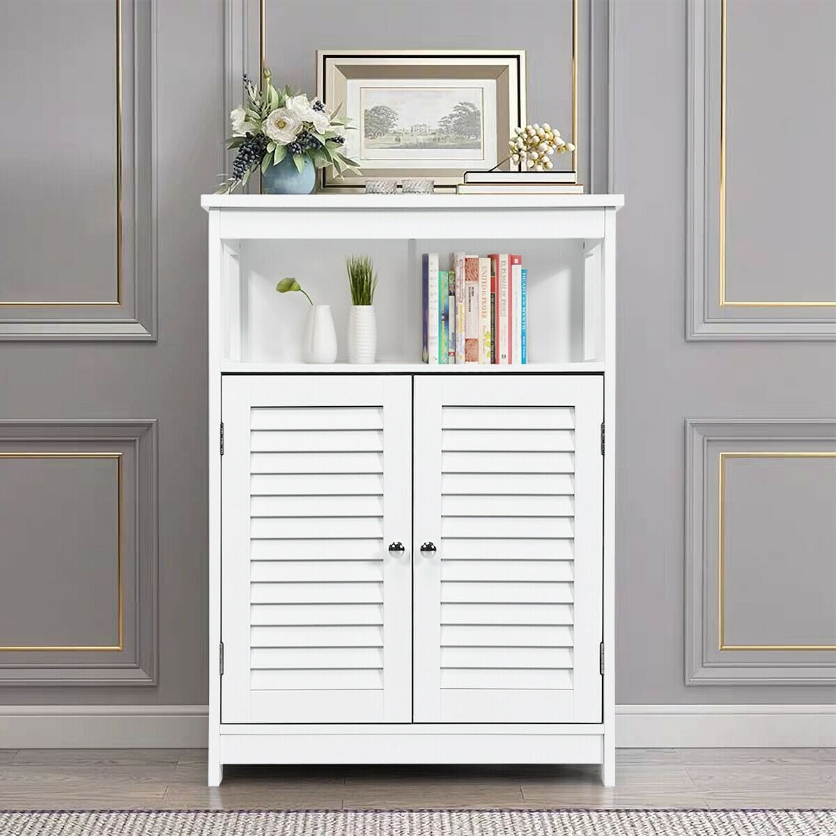 White Wood Bathroom Storage Cabinet - Double Shutter Door 31.5"H-Bathroom Floor Cabinets-DECOROLALA