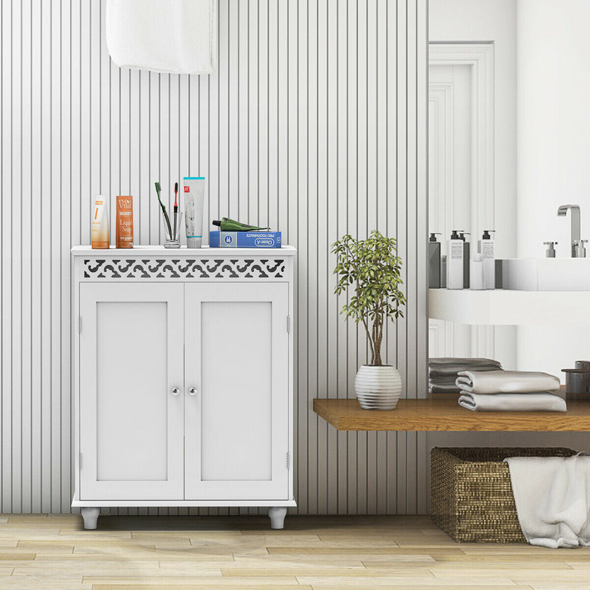 White Wooden 2-Door Storage Cabinet Cupboard-Floor Cabinets-DECOROLALA
