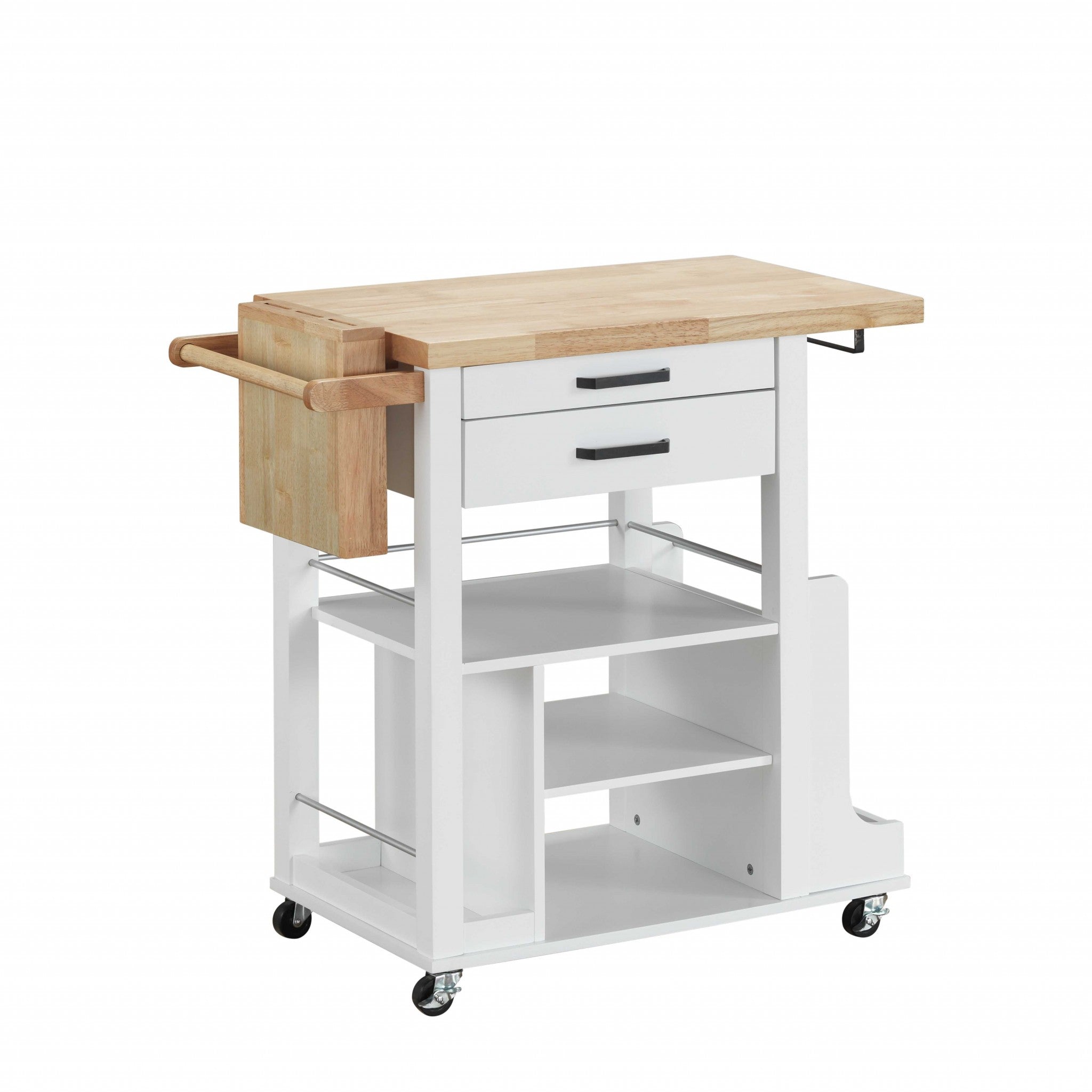 White and Natural 35" Rolling Kitchen Cart With Storage-Kitchen Carts-Islands-DECOROLALA