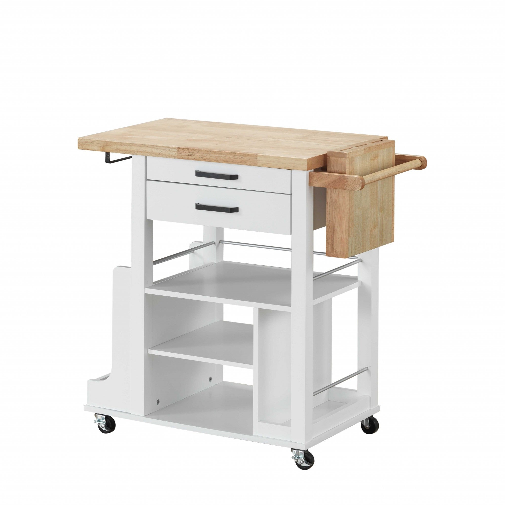 White and Natural 35" Rolling Kitchen Cart With Storage-Kitchen Carts-Islands-DECOROLALA