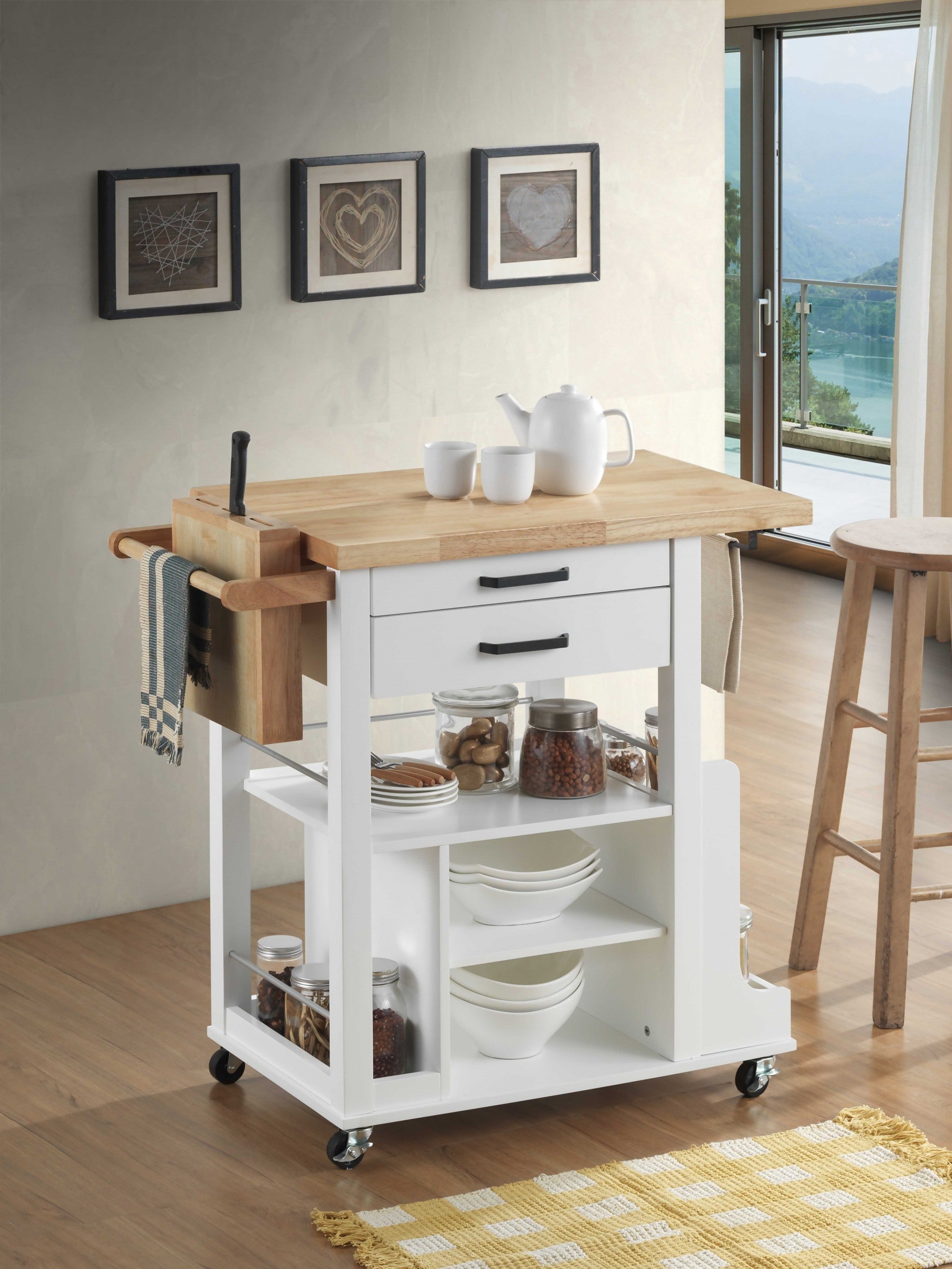 White and Natural 35" Rolling Kitchen Cart With Storage-Kitchen Carts-Islands-DECOROLALA