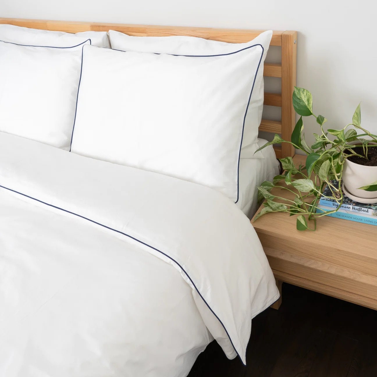 White with Navy Blue Piping - Pure Cotton, Pure Linen or Linen Cotton Mix | 3 Piece Piped Duvet Cover Set | Handmade | Pre-washed-n/a-DECOROLALA