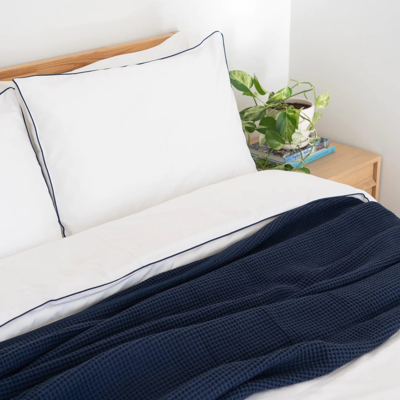 White with Navy Blue Piping - Pure Cotton, Pure Linen or Linen Cotton Mix | 3 Piece Piped Duvet Cover Set | Handmade | Pre-washed-n/a-DECOROLALA