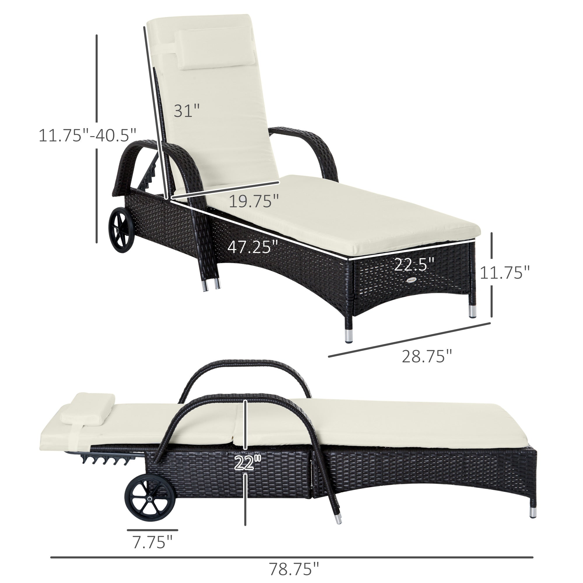 Wicker Chaise Lounge, 5-Level Height Adjust, Cream & Coffee, Outdoor Patio Sun lounger-DECOROLALA
