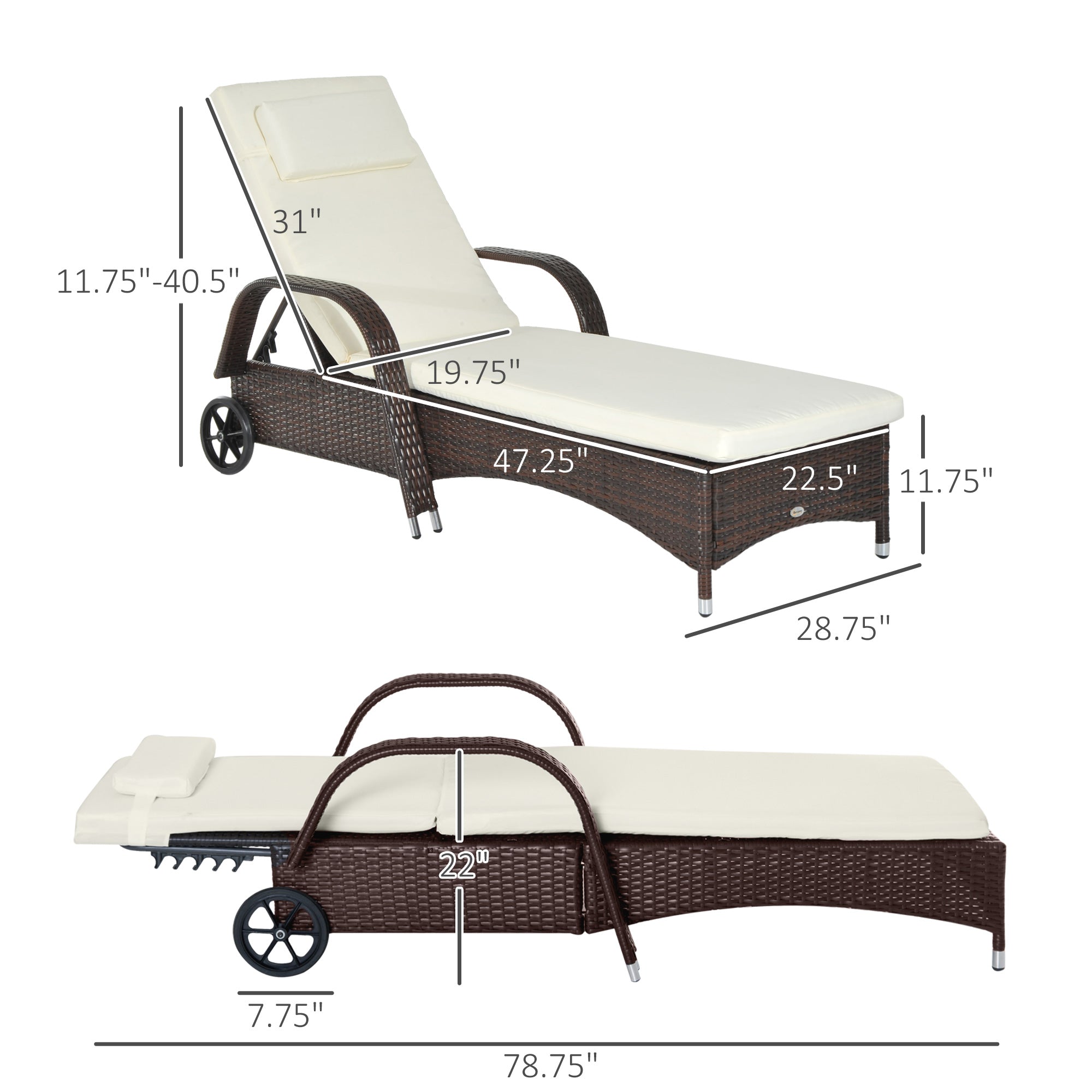 Wicker Chaise Lounge, Outdoor Lounge Chair, PE Rattan Patio Sun lounger with Head-rest, 5-Level Height Adjust Backrest, Cushion & Wheels, Mixed Brown and Cream White-DECOROLALA