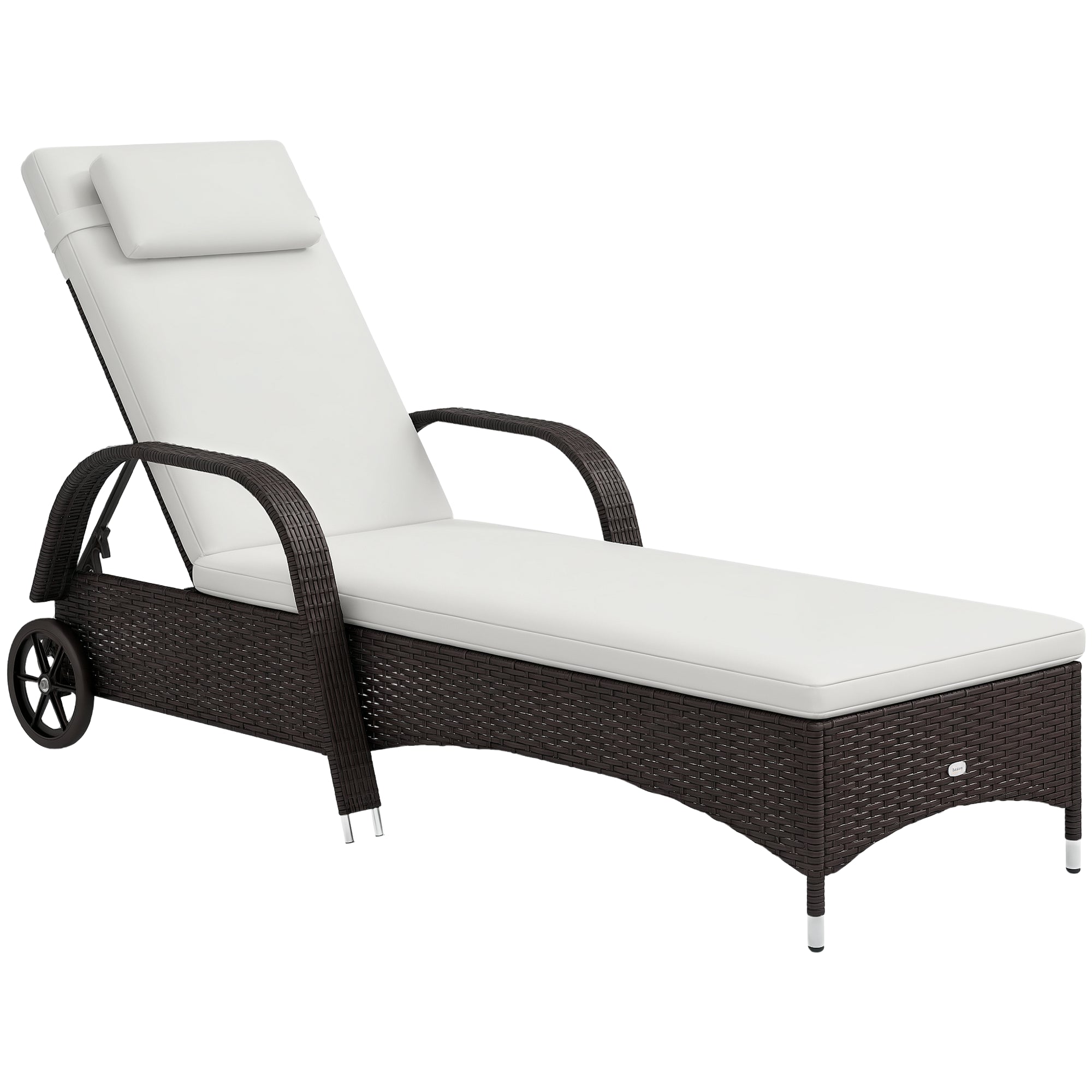 Wicker Chaise Lounge, Outdoor Lounge Chair, PE Rattan Patio Sun lounger with Head-rest, 5-Level Height Adjust Backrest, Cushion & Wheels, Mixed Brown and Cream White-DECOROLALA