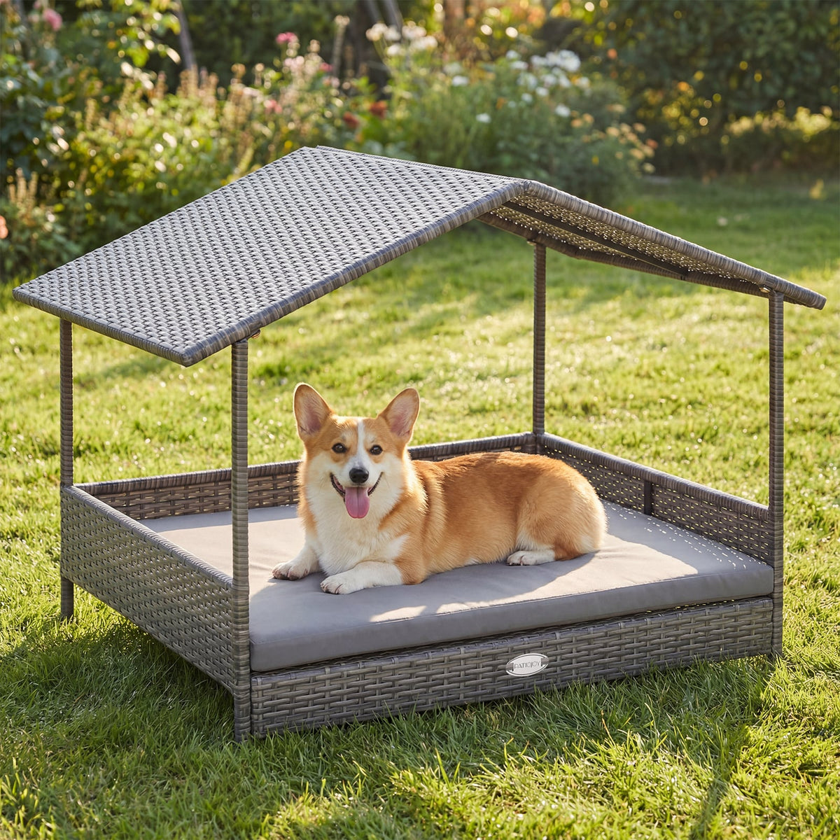 Wicker Dog House Elevated PE Rattan Dog Bed with Canopy-Gray-Dog Kennels-DECOROLALA