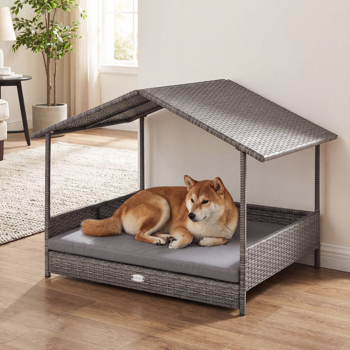 Wicker Dog House Elevated PE Rattan Dog Bed with Canopy-Gray-Dog Kennels-DECOROLALA