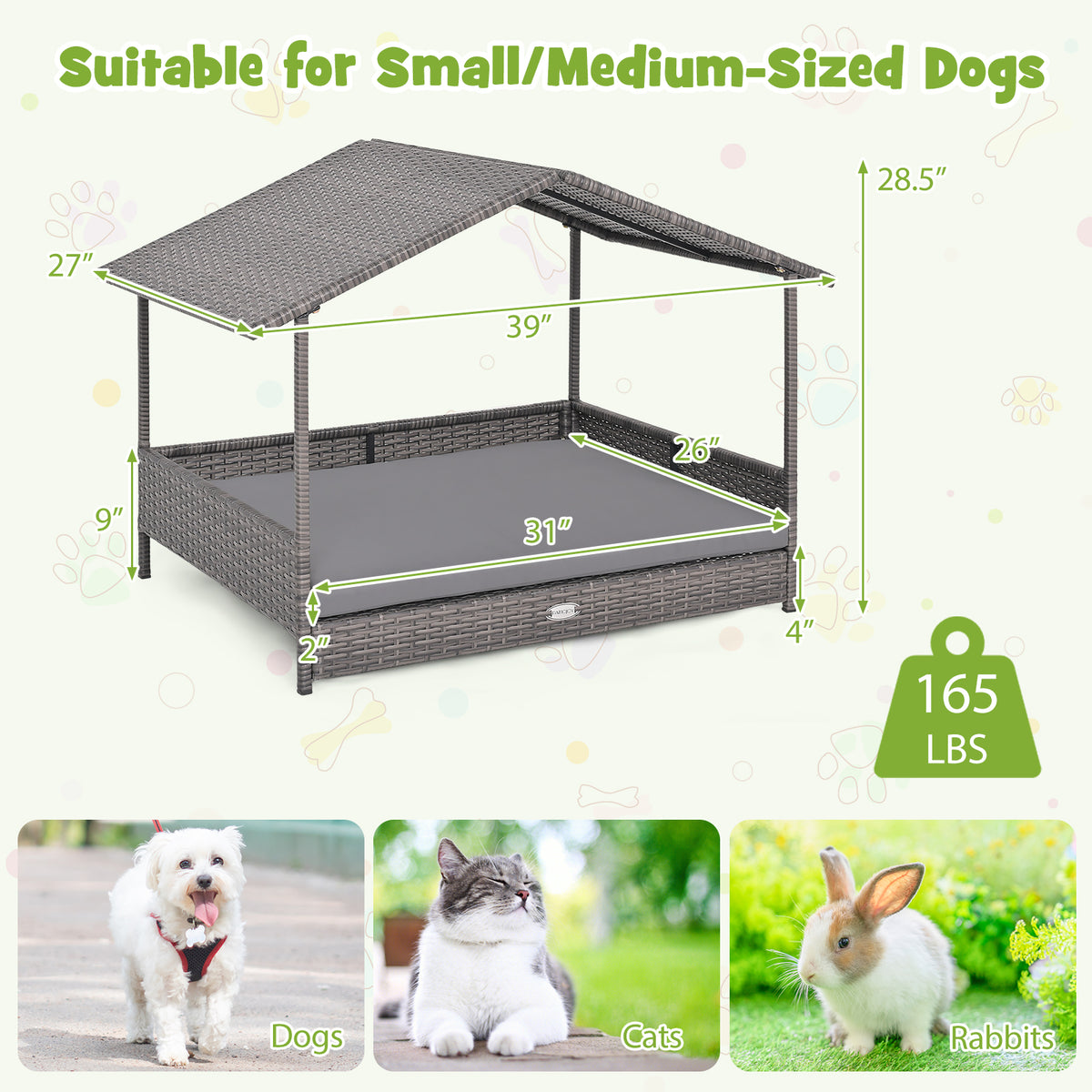 Wicker Dog House Elevated PE Rattan Dog Bed with Canopy-Gray-Dog Kennels-DECOROLALA
