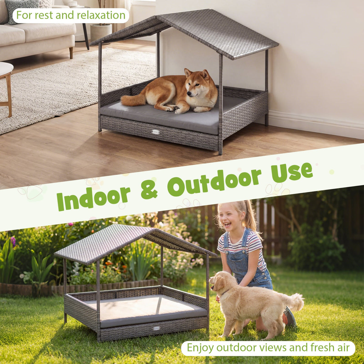 Wicker Dog House Elevated PE Rattan Dog Bed with Canopy-Gray-Dog Kennels-DECOROLALA