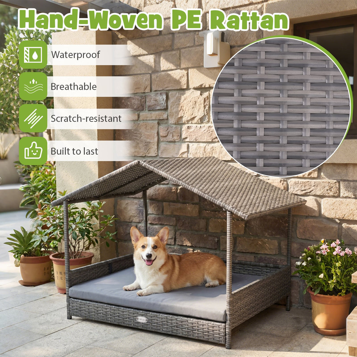 Wicker Dog House Elevated PE Rattan Dog Bed with Canopy-Gray-Dog Kennels-DECOROLALA
