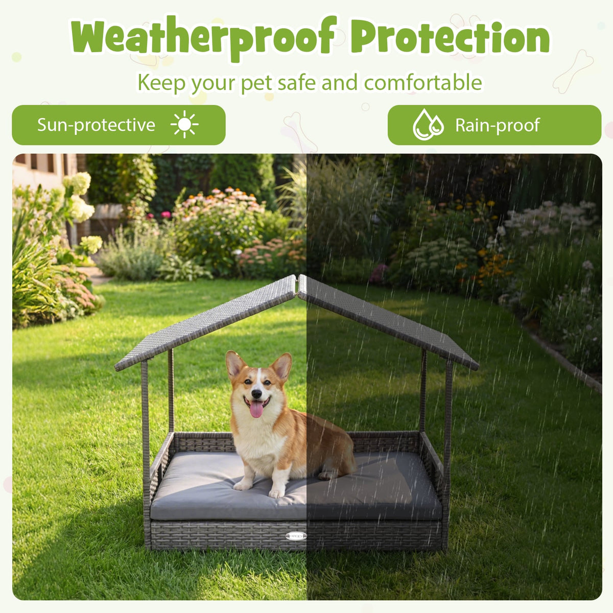 Wicker Dog House Elevated PE Rattan Dog Bed with Canopy-Gray-Dog Kennels-DECOROLALA