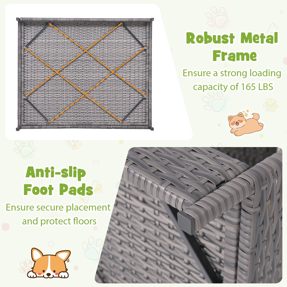 Wicker Dog House Elevated PE Rattan Dog Bed with Canopy-Gray-Dog Kennels-DECOROLALA