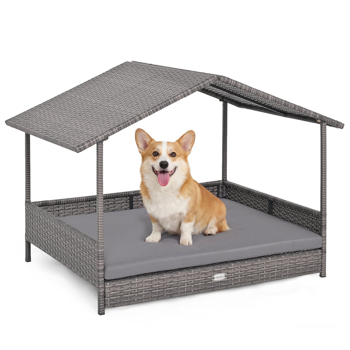 Wicker Dog House Elevated PE Rattan Dog Bed with Canopy-Gray-Dog Kennels-DECOROLALA