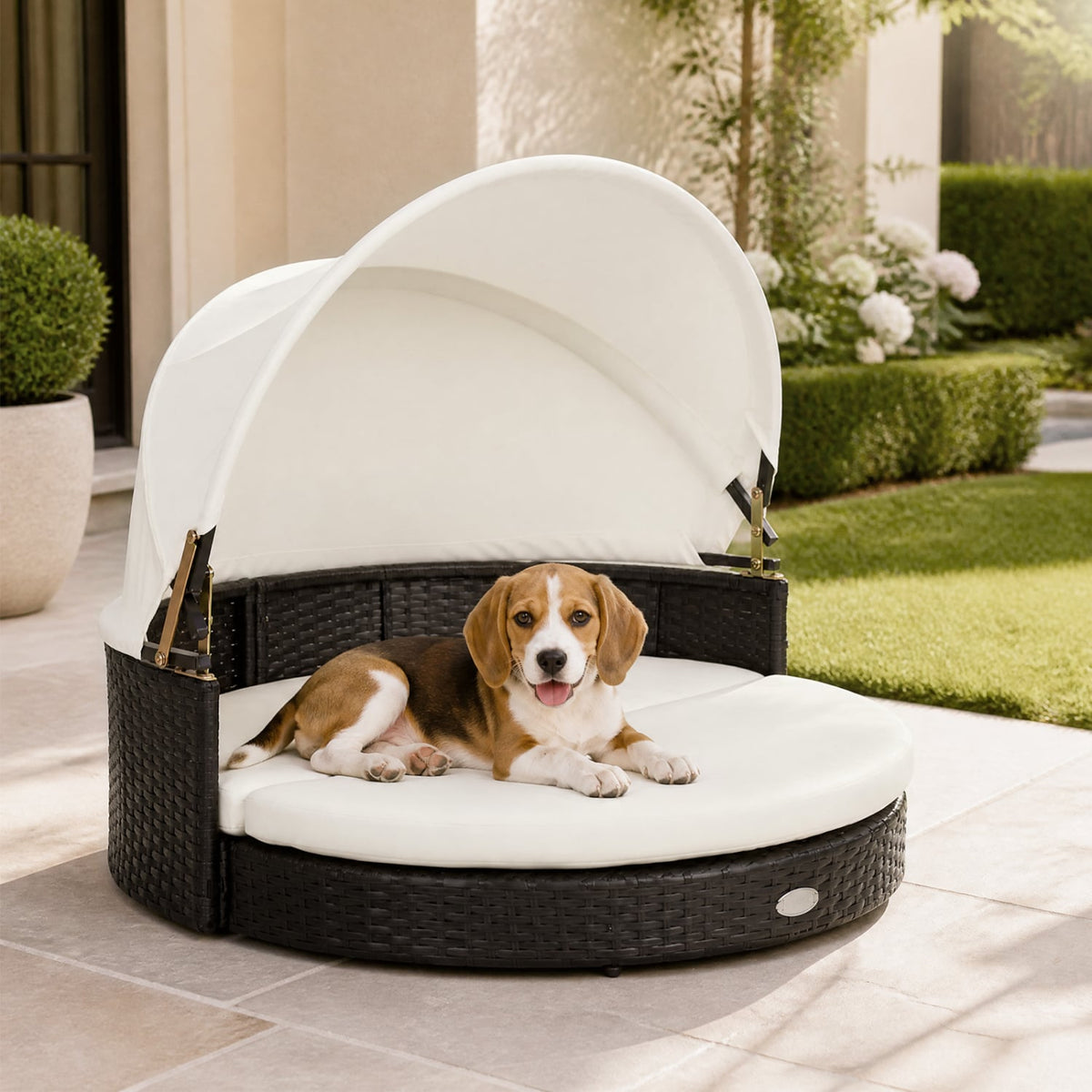 Wicker Dog House with Retractable Canopy & Removable Cushion for Small Medium Dogs-White-Dog Supplies-DECOROLALA