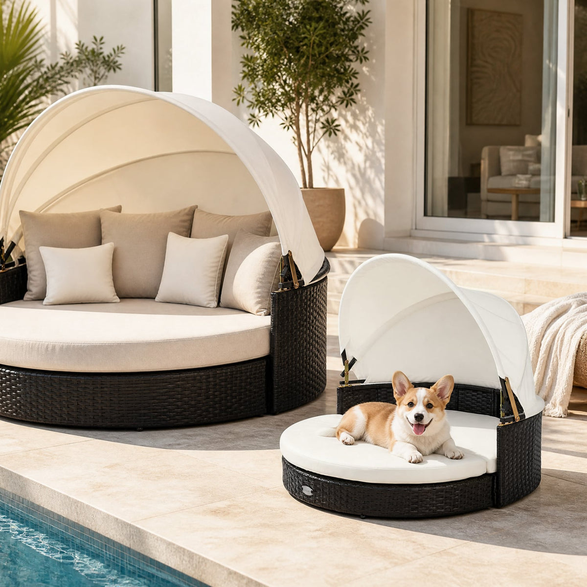 Wicker Dog House with Retractable Canopy & Removable Cushion for Small Medium Dogs-White-Dog Supplies-DECOROLALA