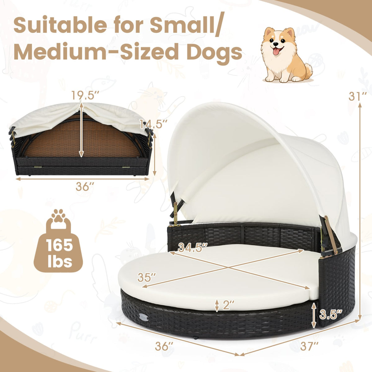 Wicker Dog House with Retractable Canopy & Removable Cushion for Small Medium Dogs-White-Dog Supplies-DECOROLALA