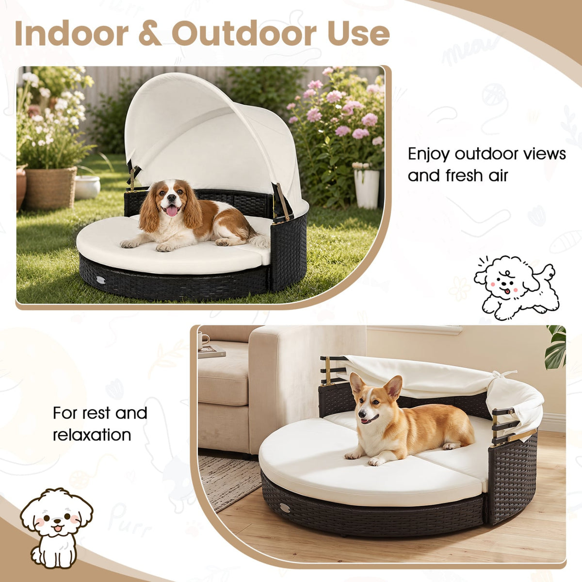 Wicker Dog House with Retractable Canopy & Removable Cushion for Small Medium Dogs-White-Dog Supplies-DECOROLALA