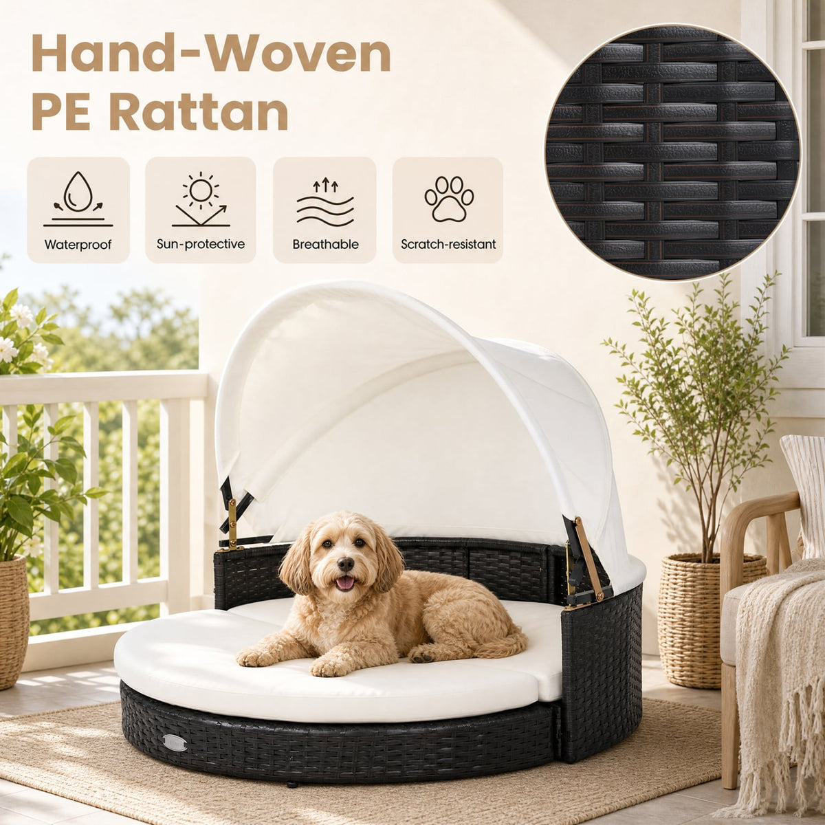 Wicker Dog House with Retractable Canopy & Removable Cushion for Small Medium Dogs-White-Dog Supplies-DECOROLALA