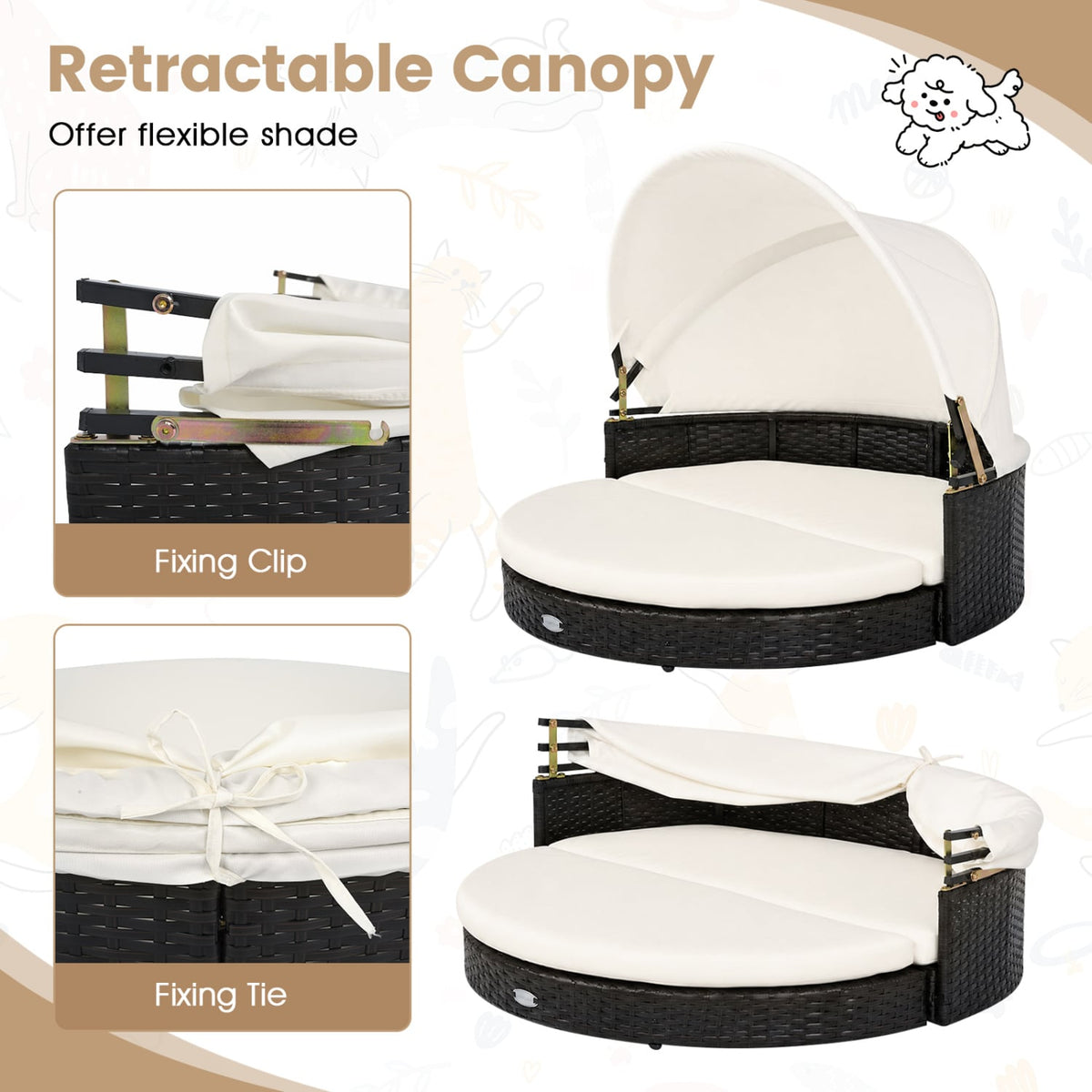 Wicker Dog House with Retractable Canopy & Removable Cushion for Small Medium Dogs-White-Dog Supplies-DECOROLALA