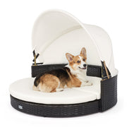 Wicker Dog House with Retractable Canopy & Removable Cushion for Small Medium Dogs-White-Dog Supplies-DECOROLALA