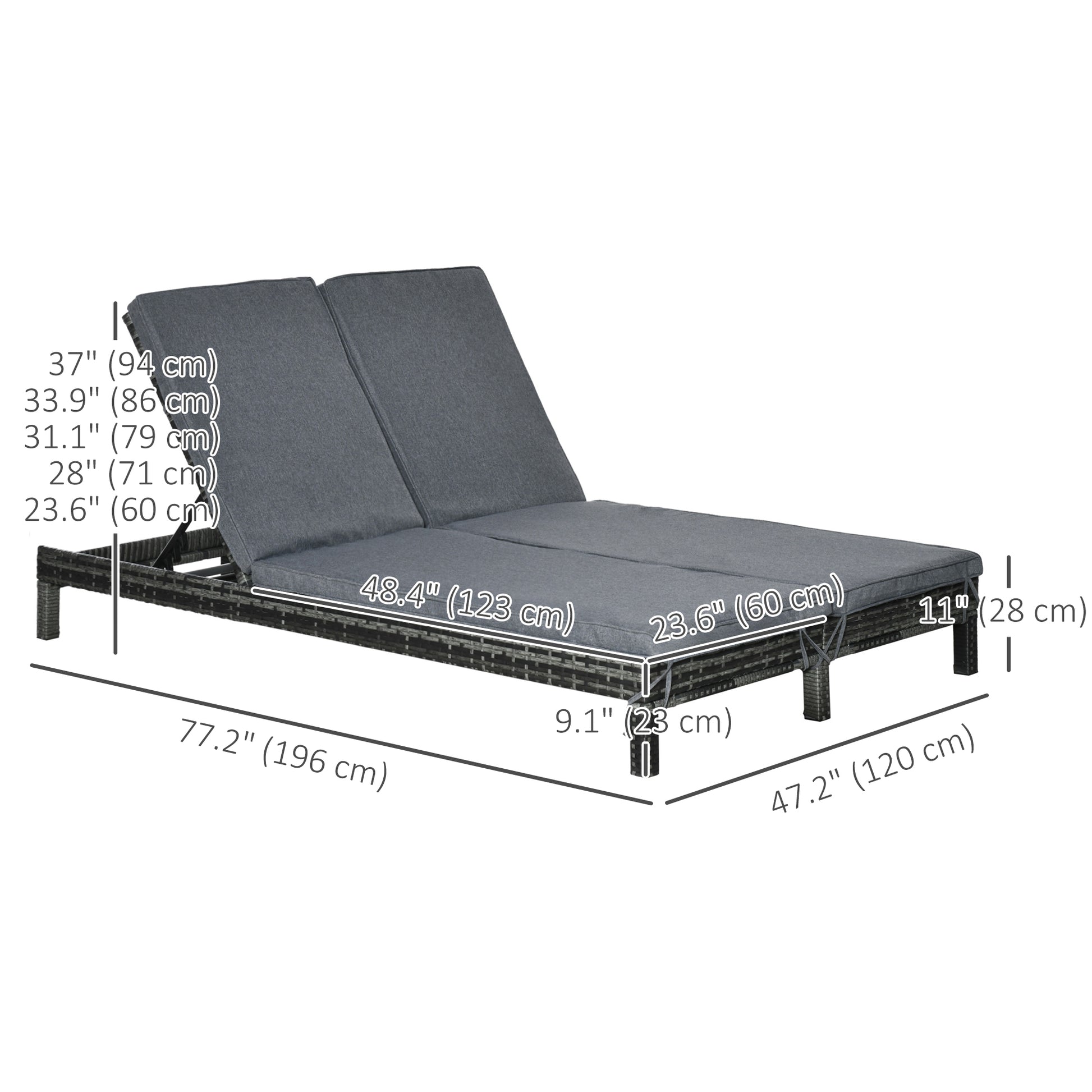 Wicker Double Chaise Loungers, 2-Seater Outdoor Recliner, Black/Grey, Adjustable Backrest-DECOROLALA