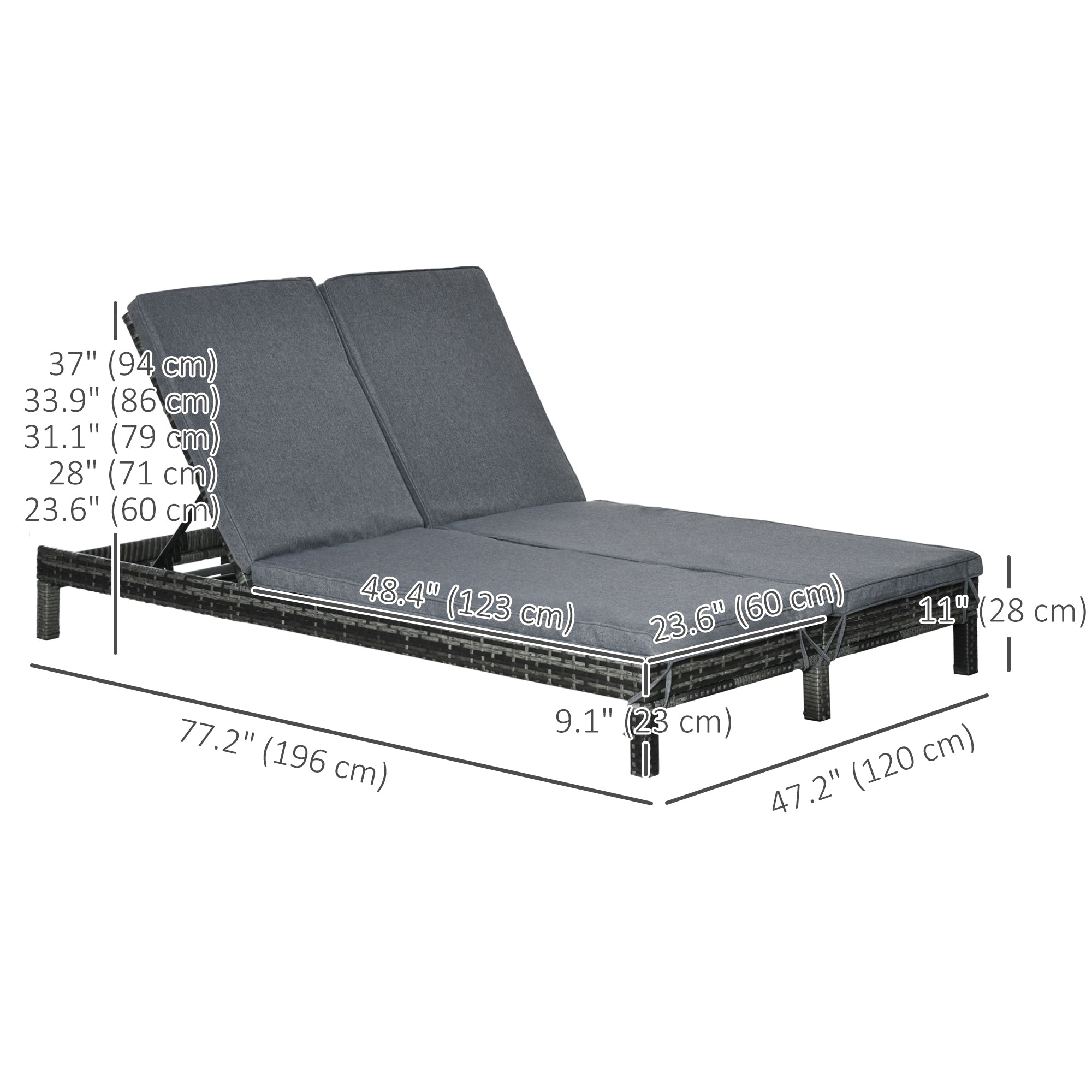 Wicker Double Chaise Loungers, 2-Seater Outdoor Recliner, Black/Grey, Adjustable Backrest-DECOROLALA