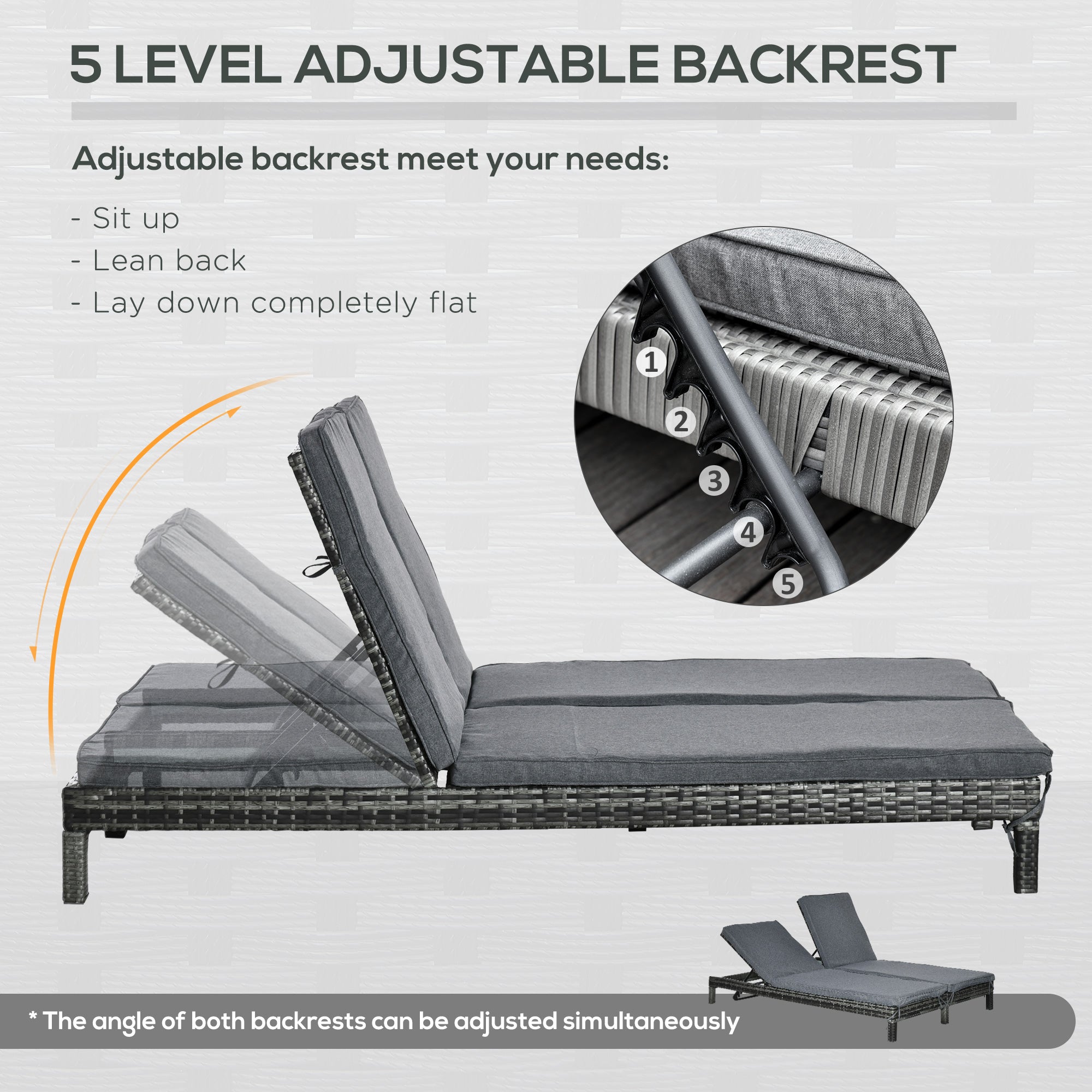 Wicker Double Chaise Loungers, 2-Seater Outdoor Recliner, Black/Grey, Adjustable Backrest-DECOROLALA