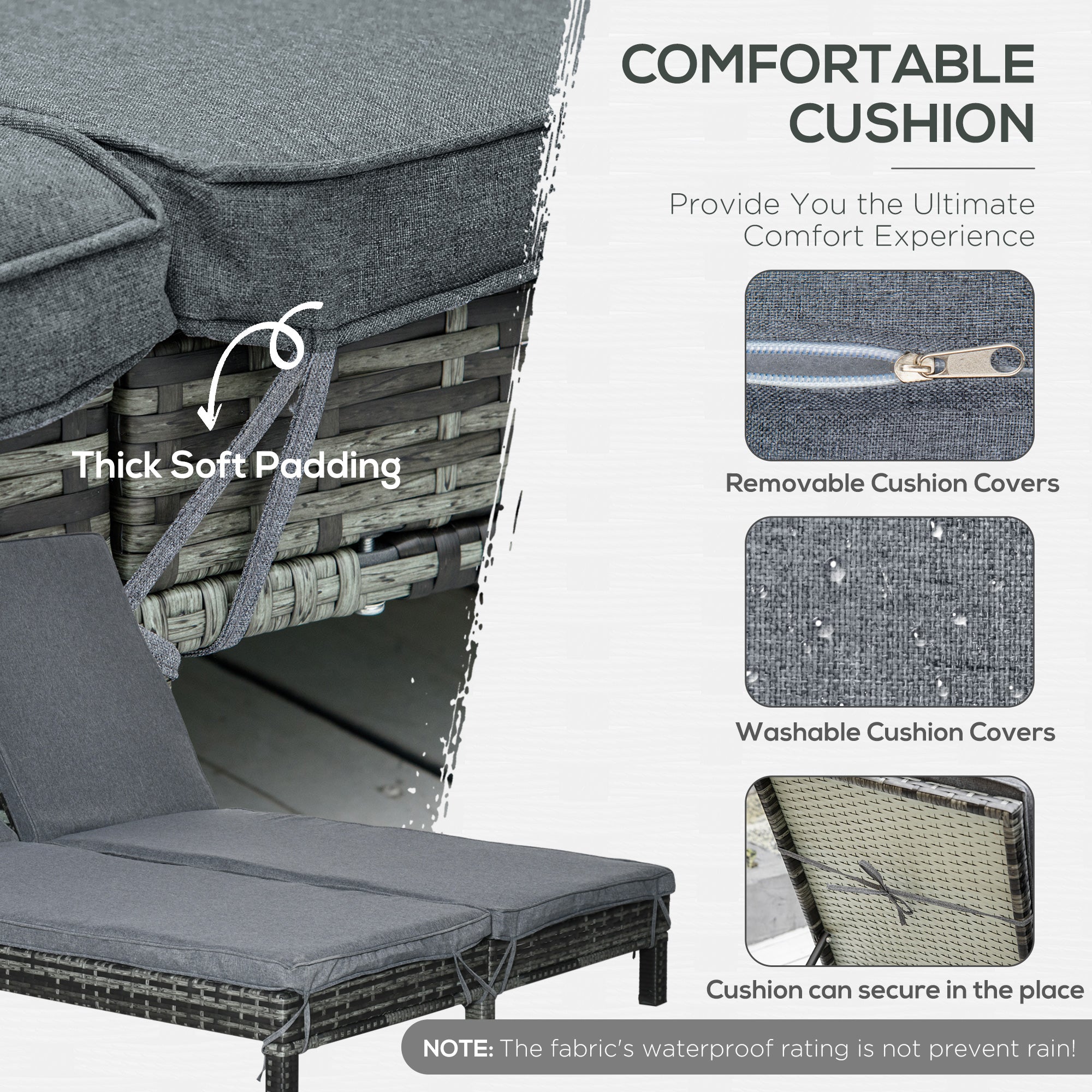 Wicker Double Chaise Loungers, 2-Seater Outdoor Recliner, Black/Grey, Adjustable Backrest-DECOROLALA