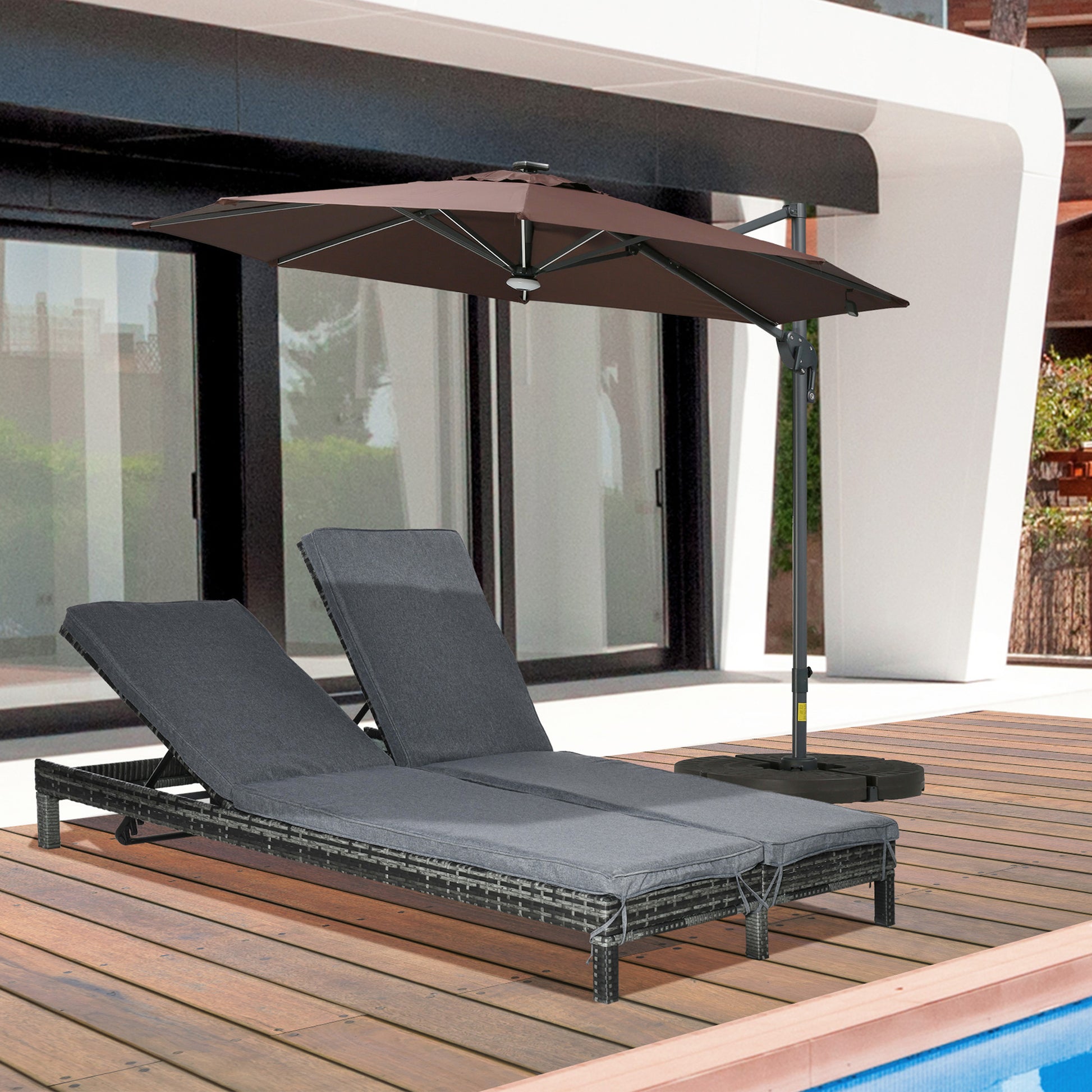 Wicker Double Chaise Loungers, 2-Seater Outdoor Recliner, Black/Grey, Adjustable Backrest-DECOROLALA