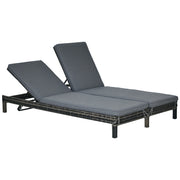 Wicker Double Chaise Loungers, 2-Seater Outdoor Recliner, Black/Grey, Adjustable Backrest-DECOROLALA