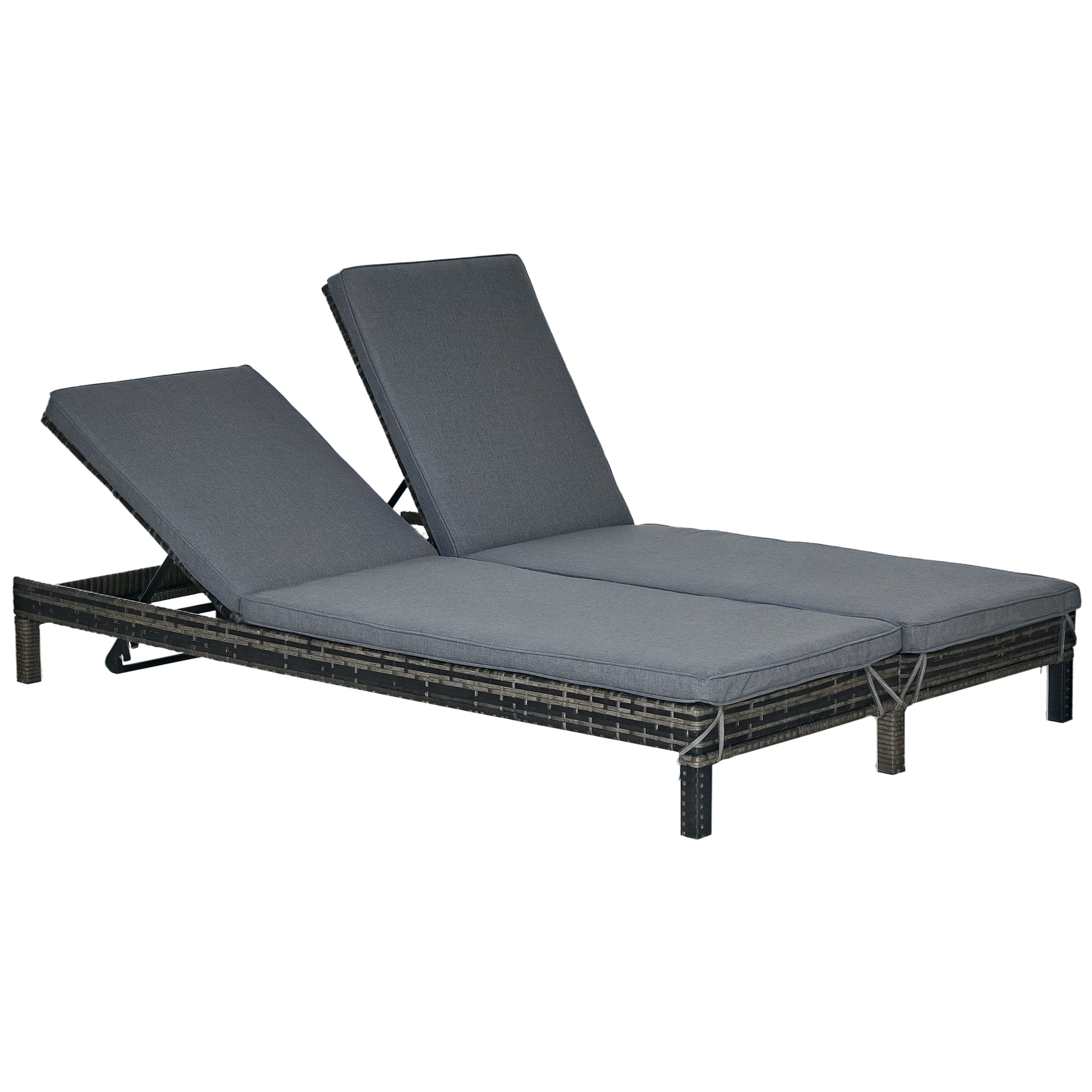 Wicker Double Chaise Loungers, 2-Seater Outdoor Recliner, Black/Grey, Adjustable Backrest-DECOROLALA