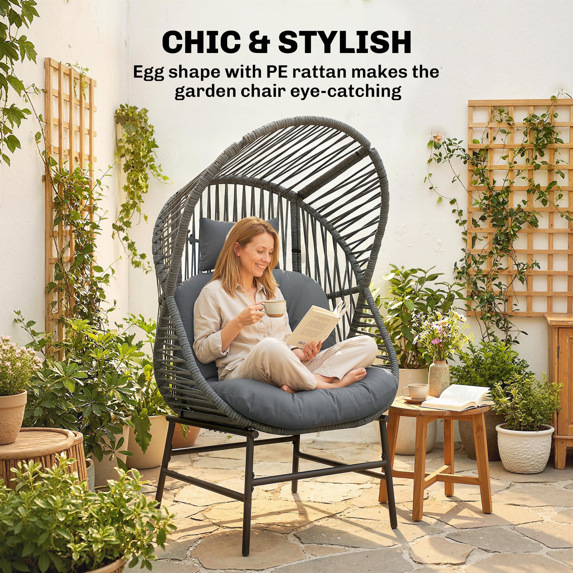 Wicker Egg Chair Outdoor Rattan Dark Grey 330lbs-DECOROLALA