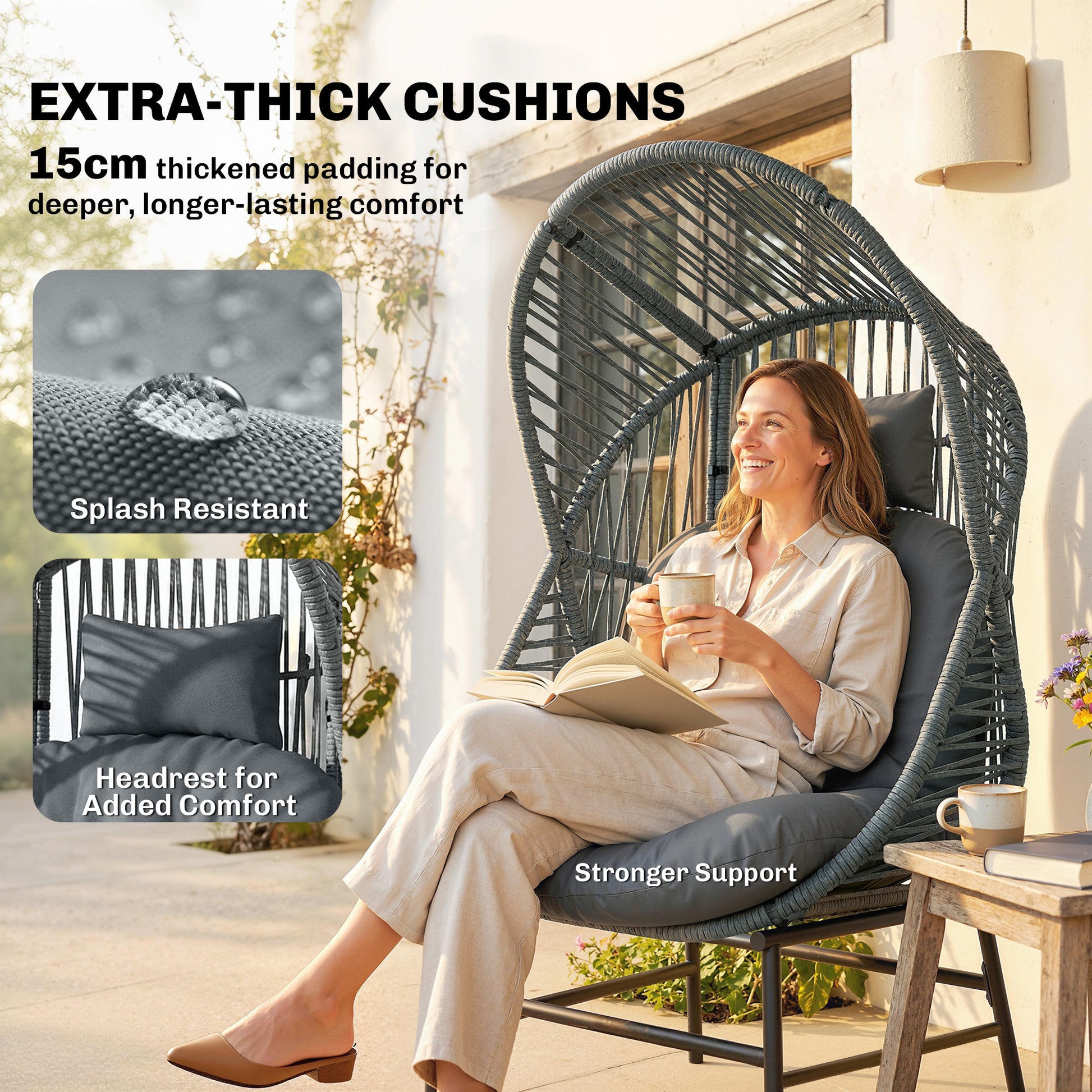 Wicker Egg Chair Outdoor Rattan Dark Grey 330lbs-DECOROLALA