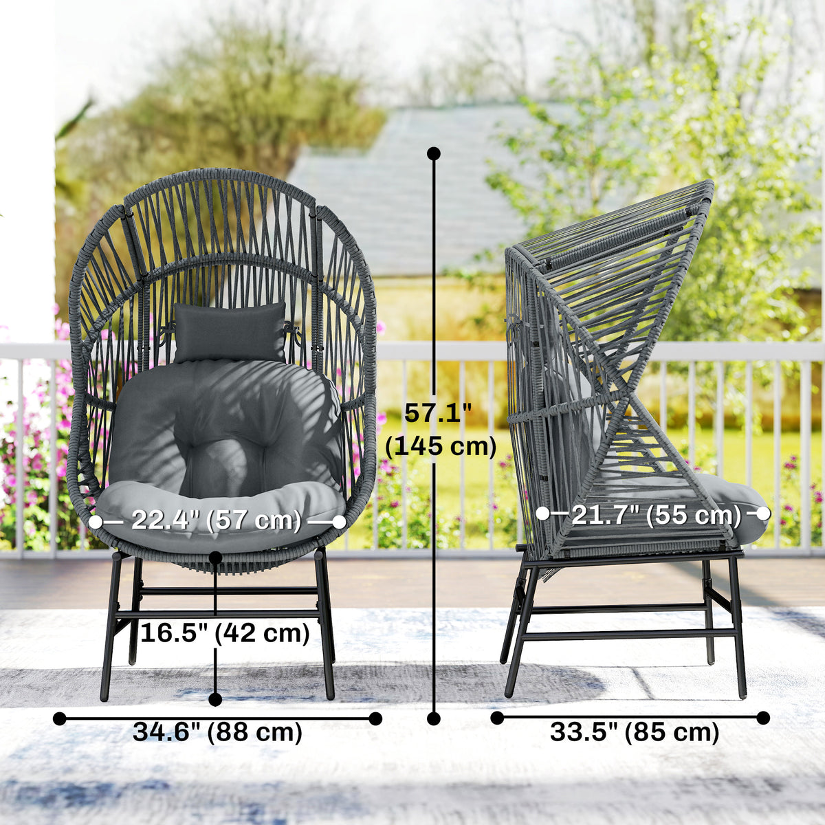 Wicker Egg Chair Outdoor Rattan Dark Grey 330lbs-Patio Chairs-DECOROLALA