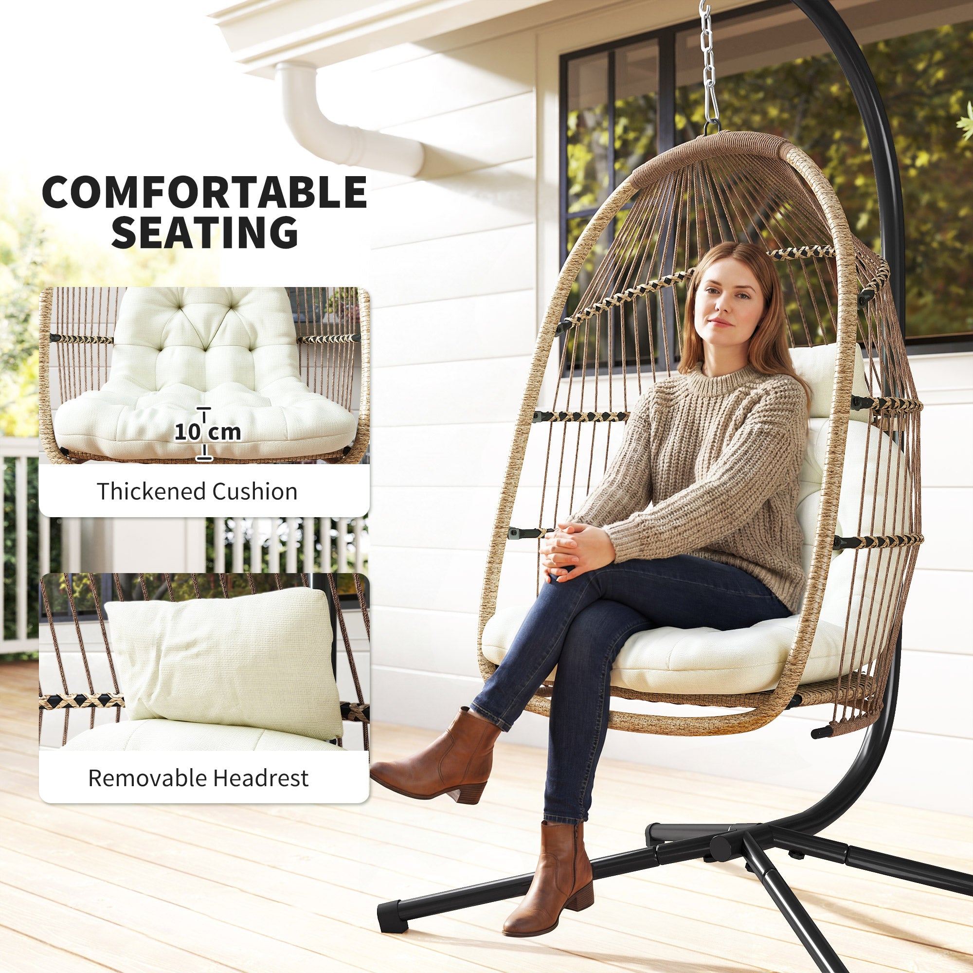Wicker Egg Chair with Stand Foldable Beige-DECOROLALA