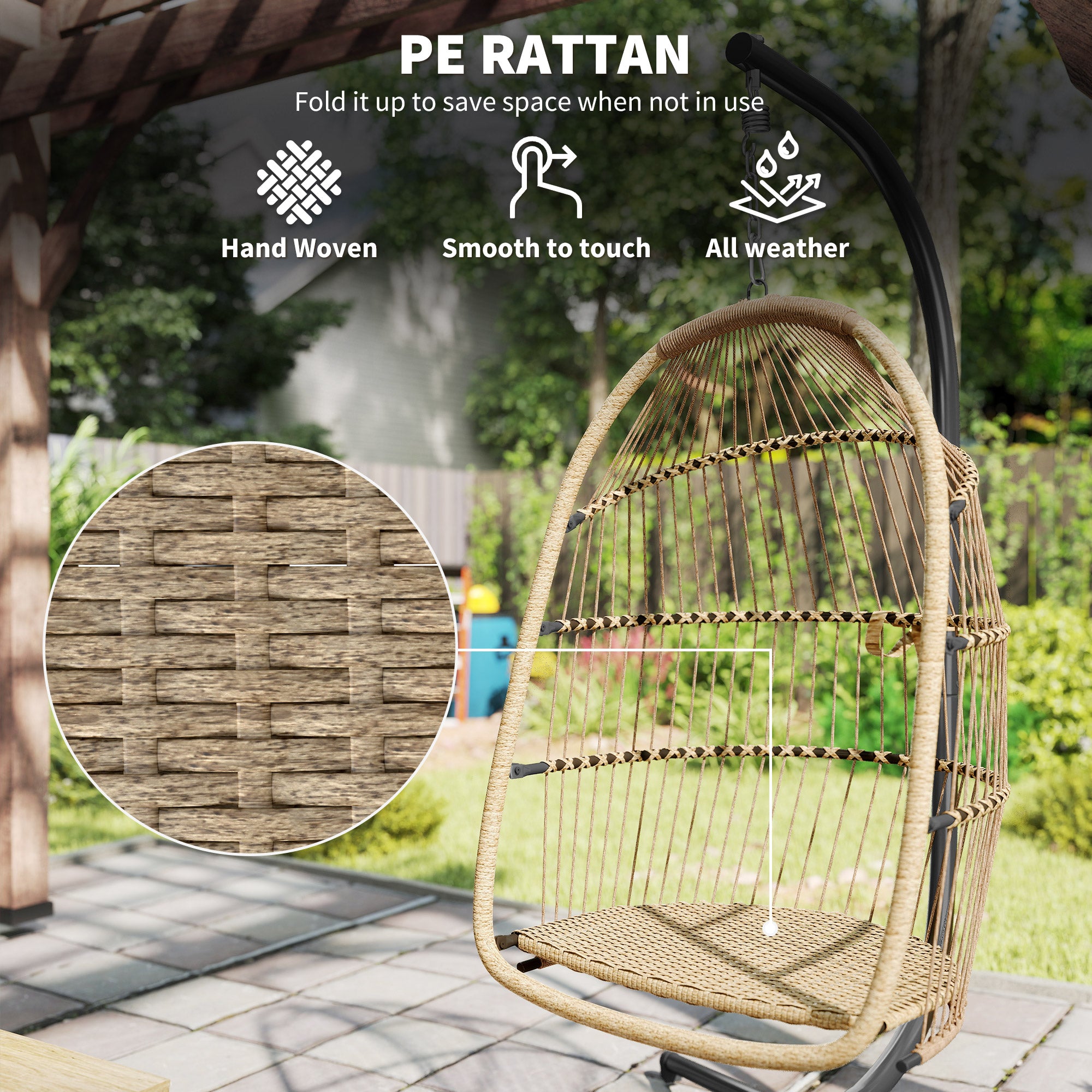 Wicker Egg Chair with Stand Foldable Beige-DECOROLALA