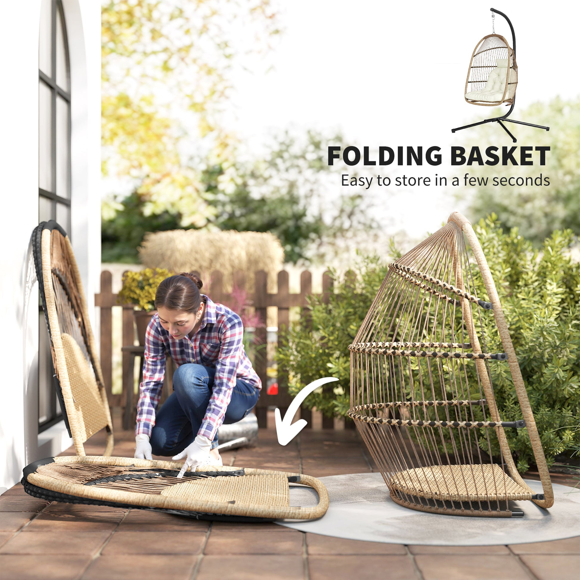Wicker Egg Chair with Stand Foldable Beige-DECOROLALA