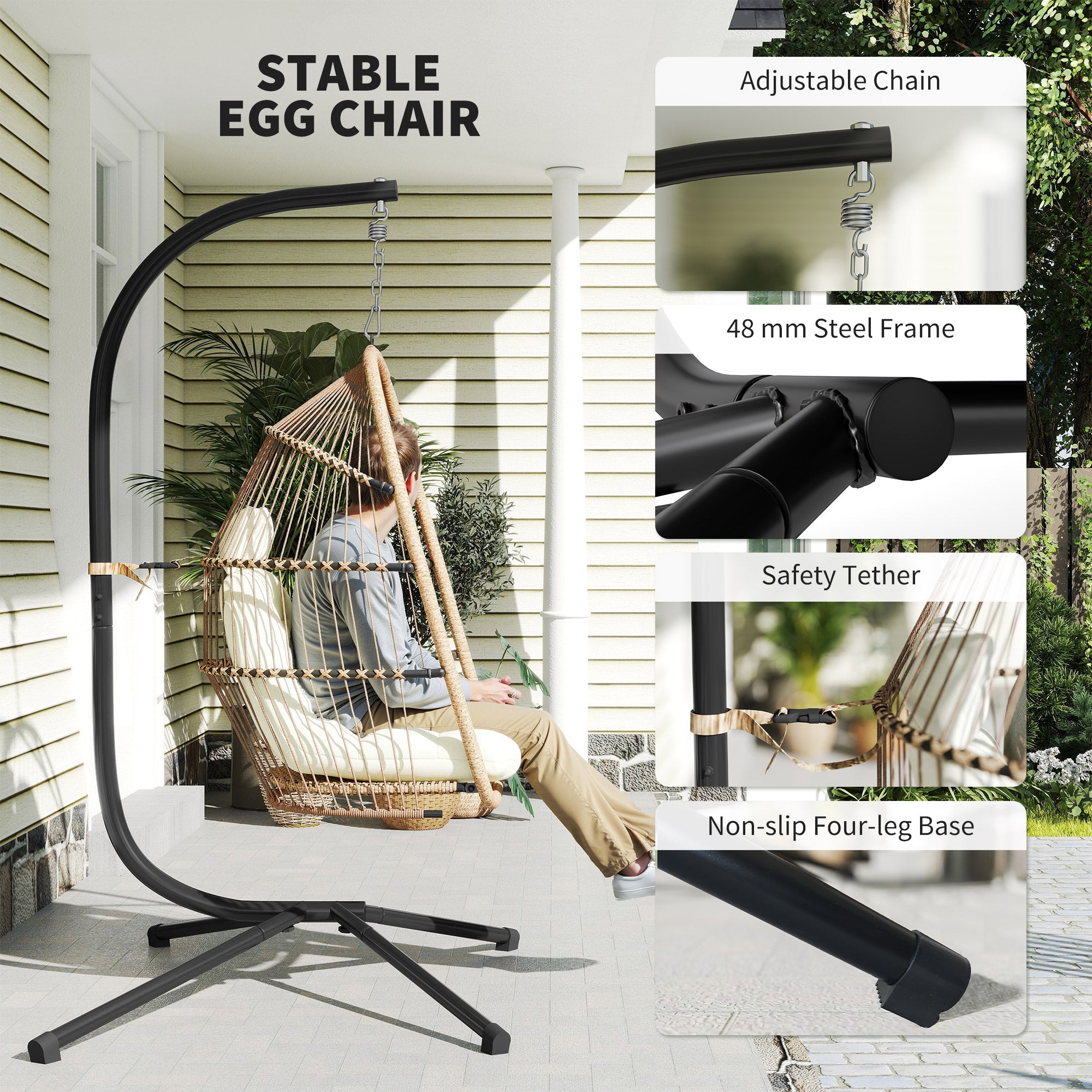 Wicker Egg Chair with Stand Foldable Beige-DECOROLALA