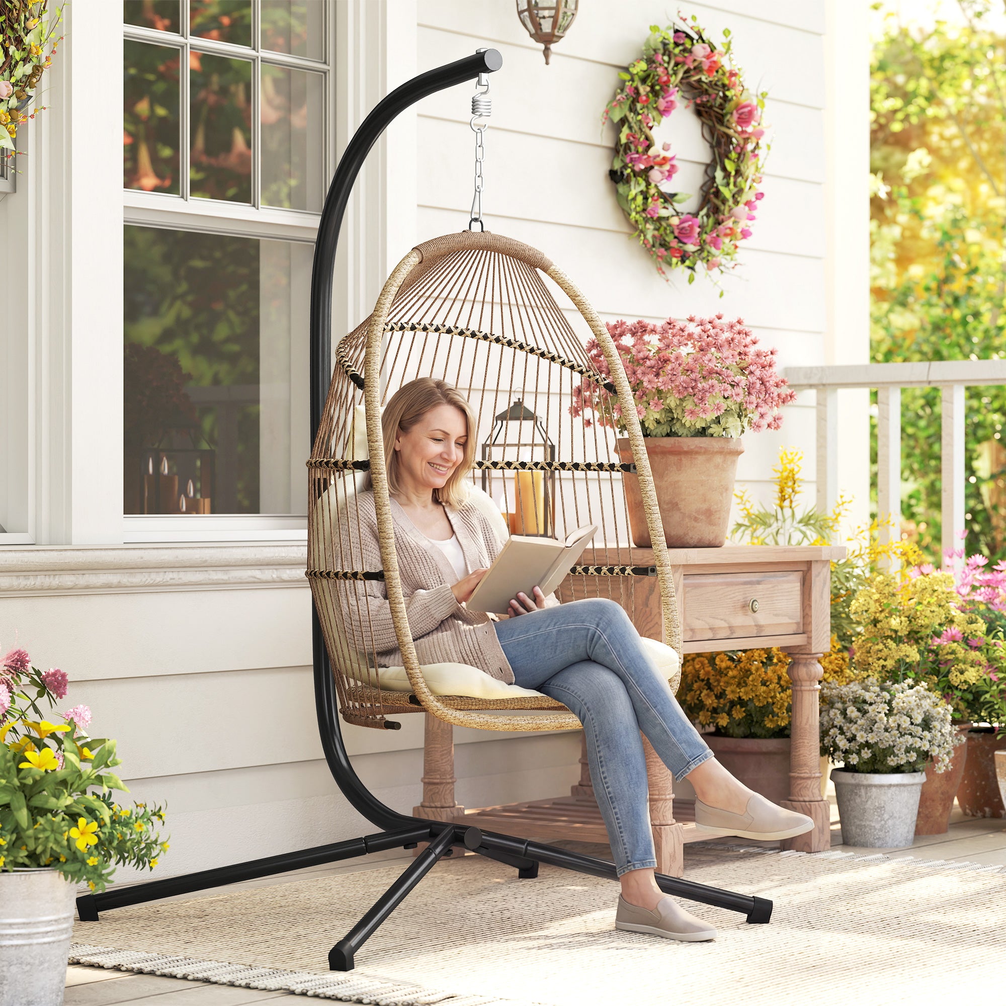 Wicker Egg Chair with Stand Foldable Beige-DECOROLALA