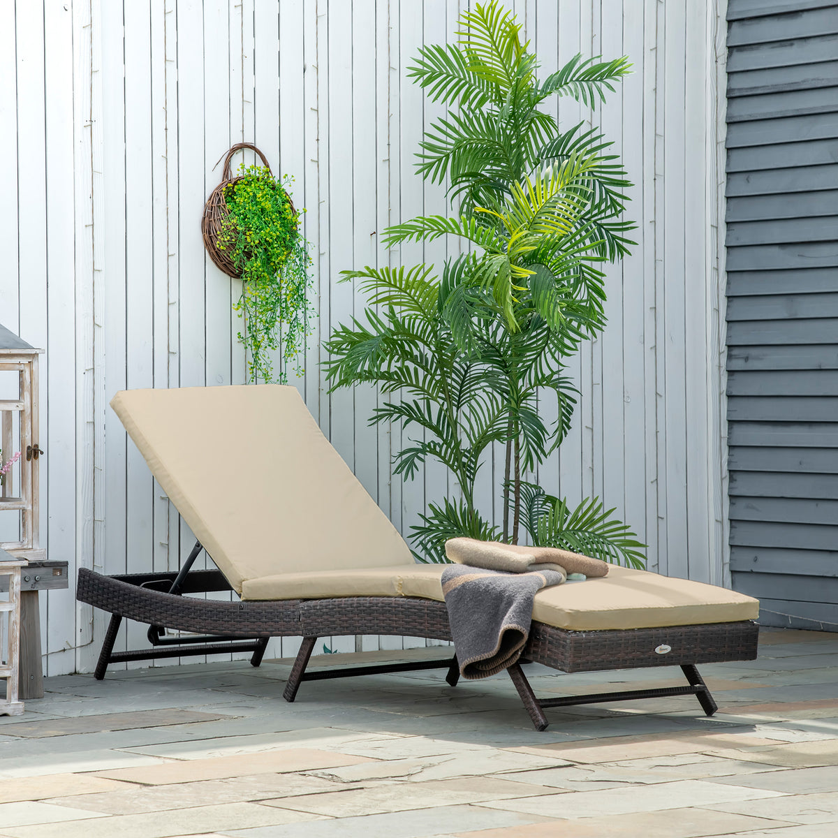 Wicker Lounger - Khaki 5-Level Adjustable-Outdoor Chaise Lounges-DECOROLALA