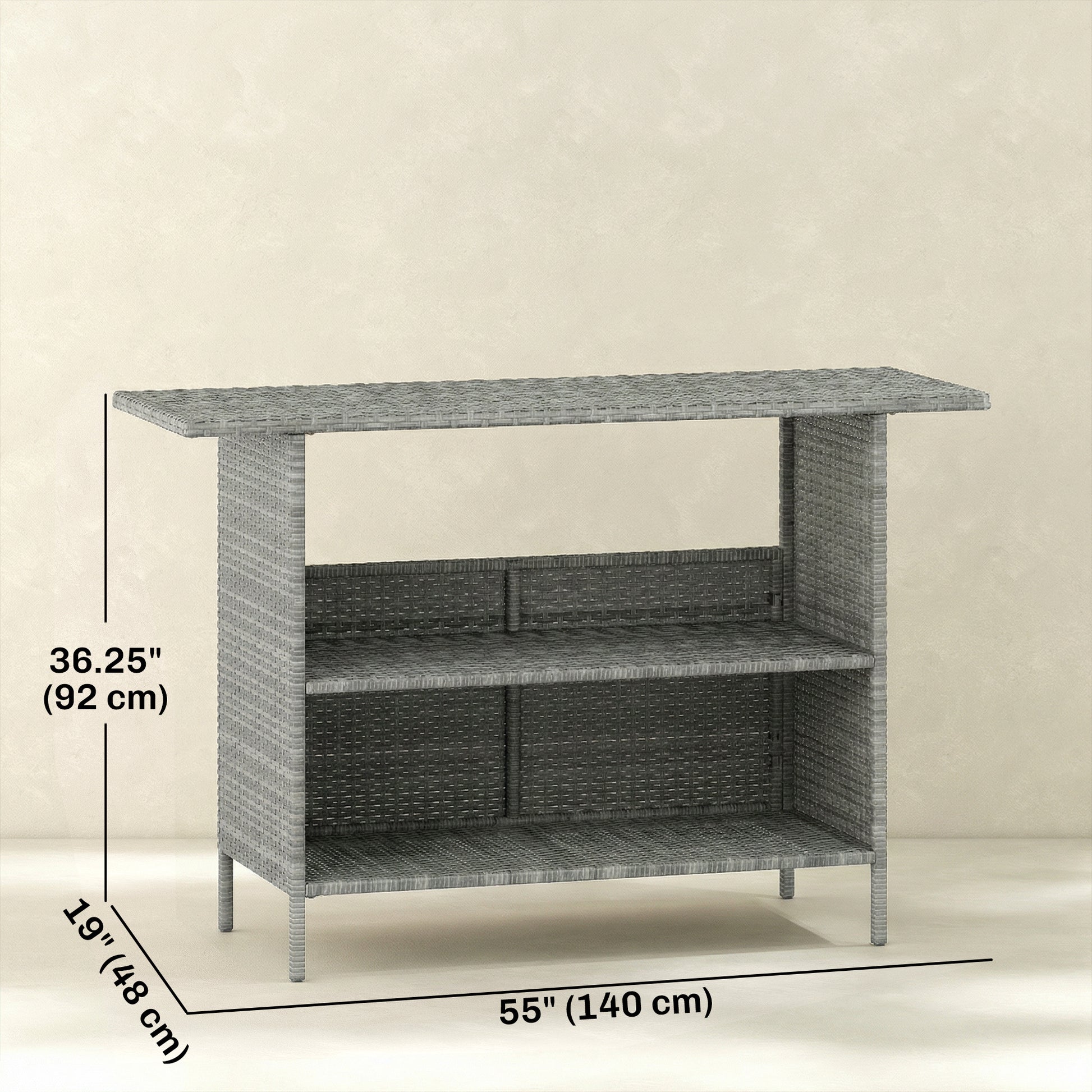 Wicker Outdoor Bar Table, Steel Frame, 2 Shelves, Dark Grey-DECOROLALA