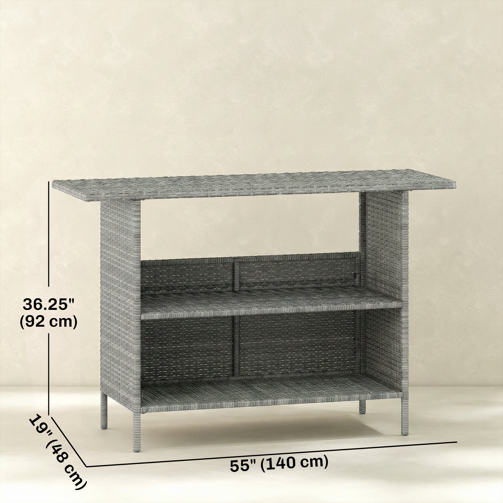 Wicker Outdoor Bar Table, Steel Frame, 2 Shelves, Dark Grey-DECOROLALA