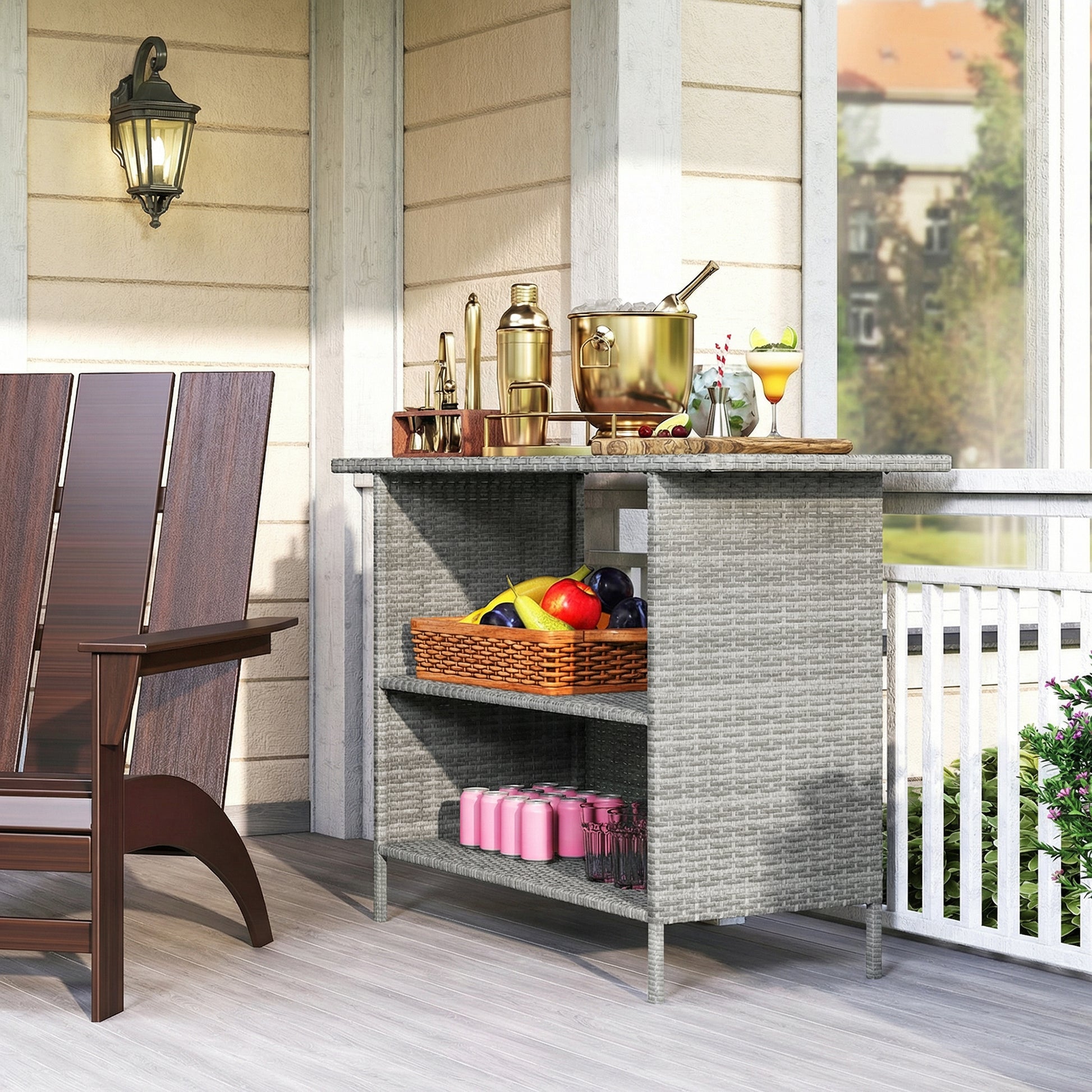 Wicker Outdoor Bar Table, Steel Frame, 2 Shelves, Dark Grey-DECOROLALA