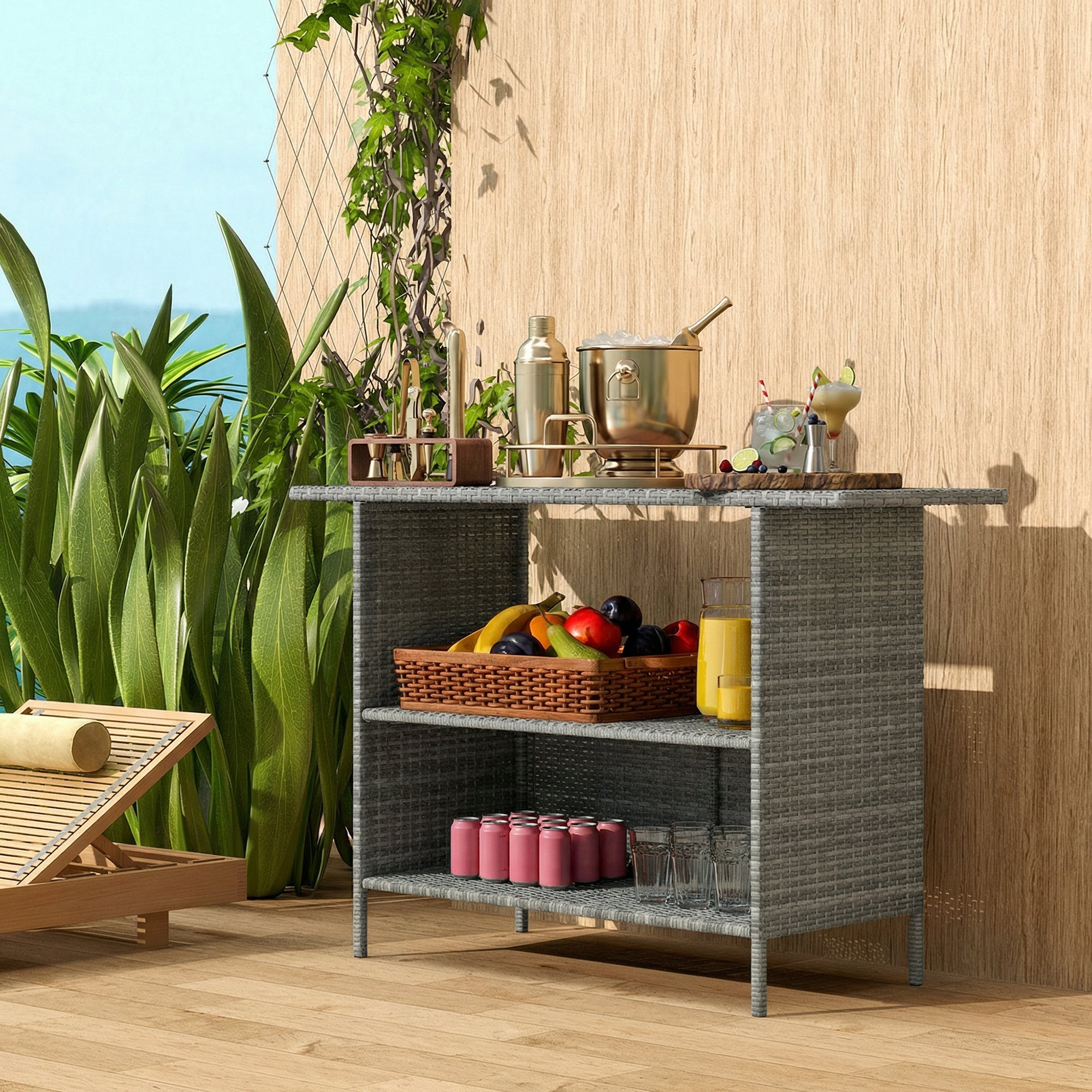 Wicker Outdoor Bar Table, Steel Frame, 2 Shelves, Dark Grey-DECOROLALA