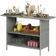 Wicker Outdoor Bar Table, Steel Frame, 2 Shelves, Dark Grey-DECOROLALA