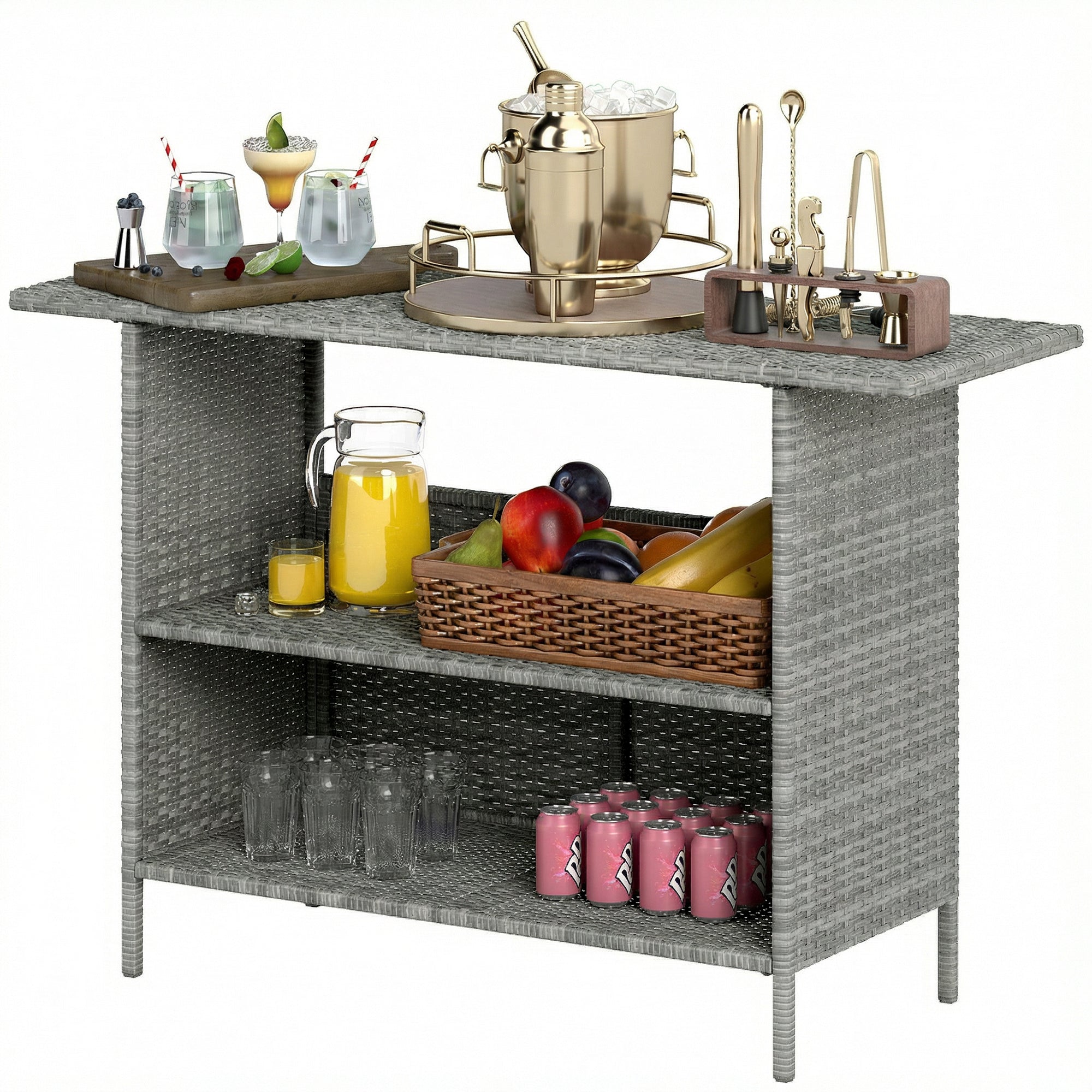 Wicker Outdoor Bar Table, Steel Frame, 2 Shelves, Dark Grey-DECOROLALA