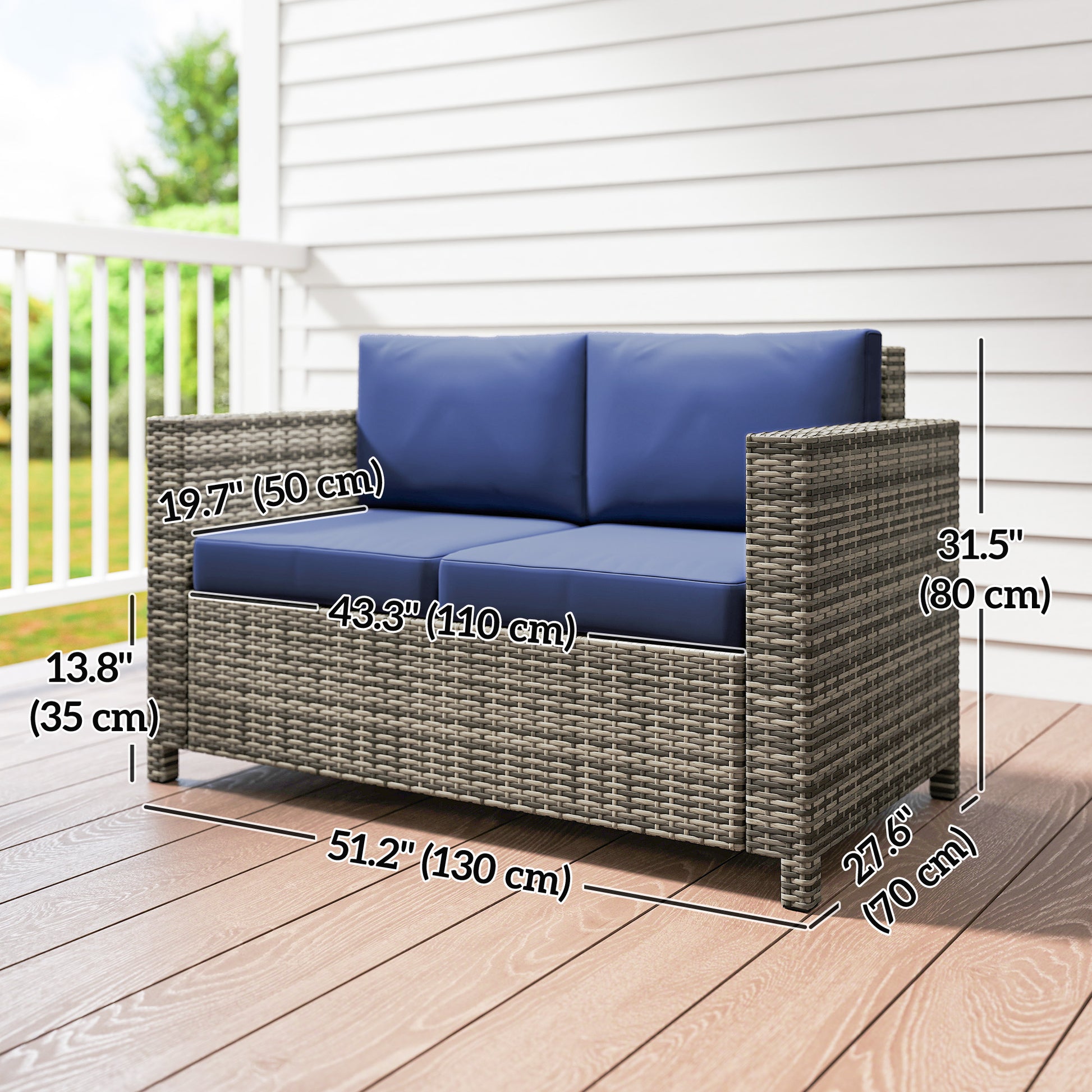 Wicker Outdoor Loveseat - Dark Blue All-Weather Patio Sofa-DECOROLALA