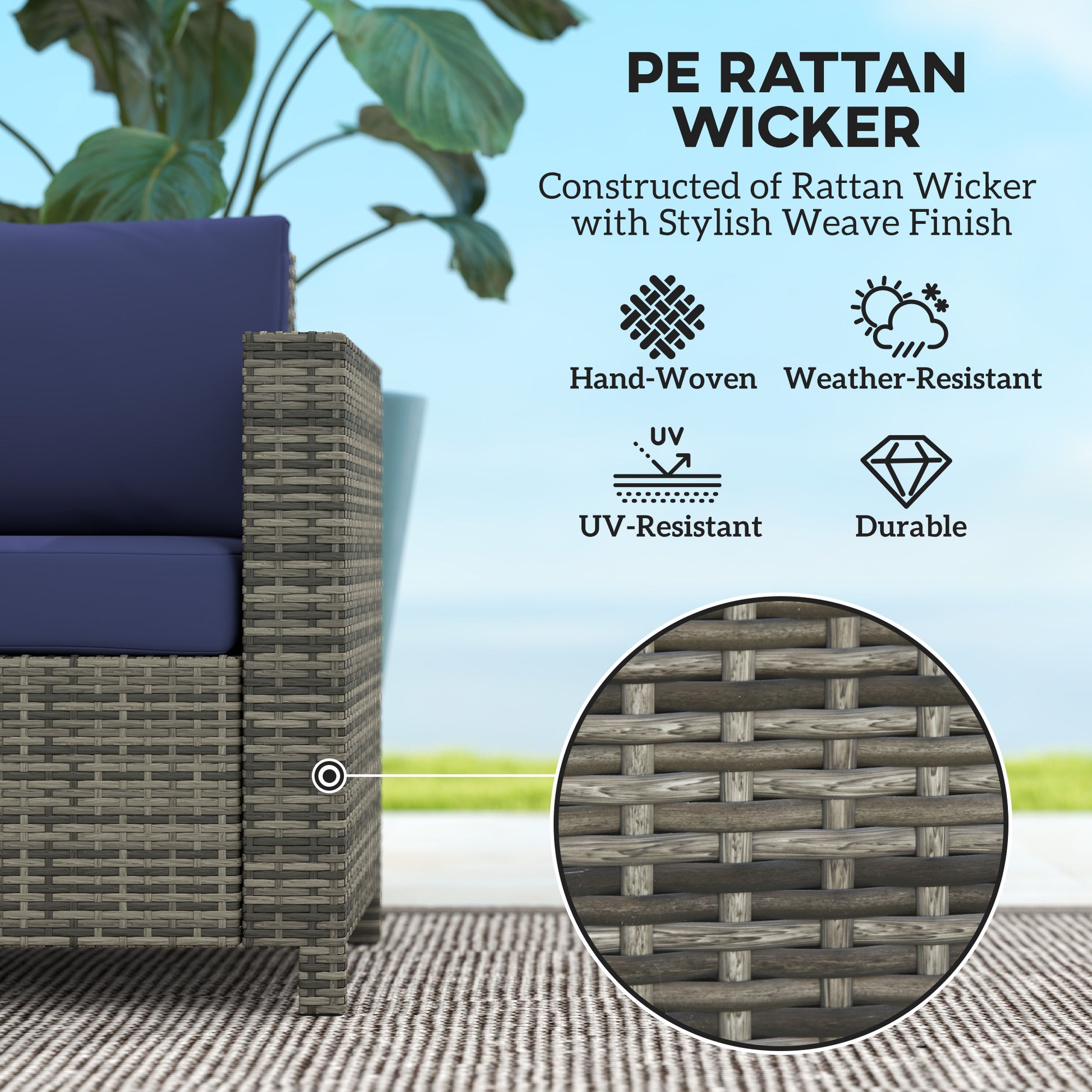 Wicker Outdoor Loveseat - Dark Blue All-Weather Patio Sofa-DECOROLALA
