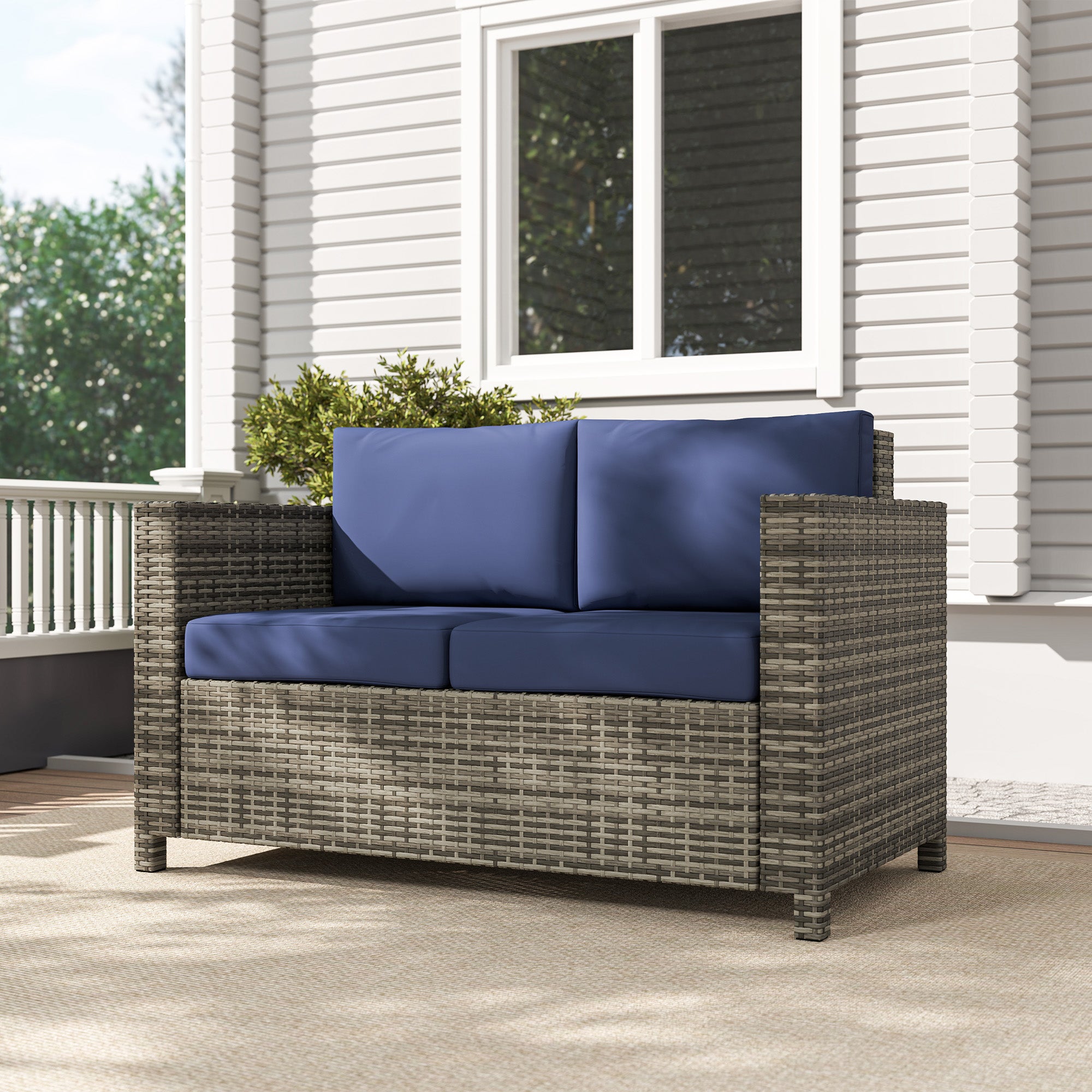 Wicker Outdoor Loveseat - Dark Blue All-Weather Patio Sofa-DECOROLALA